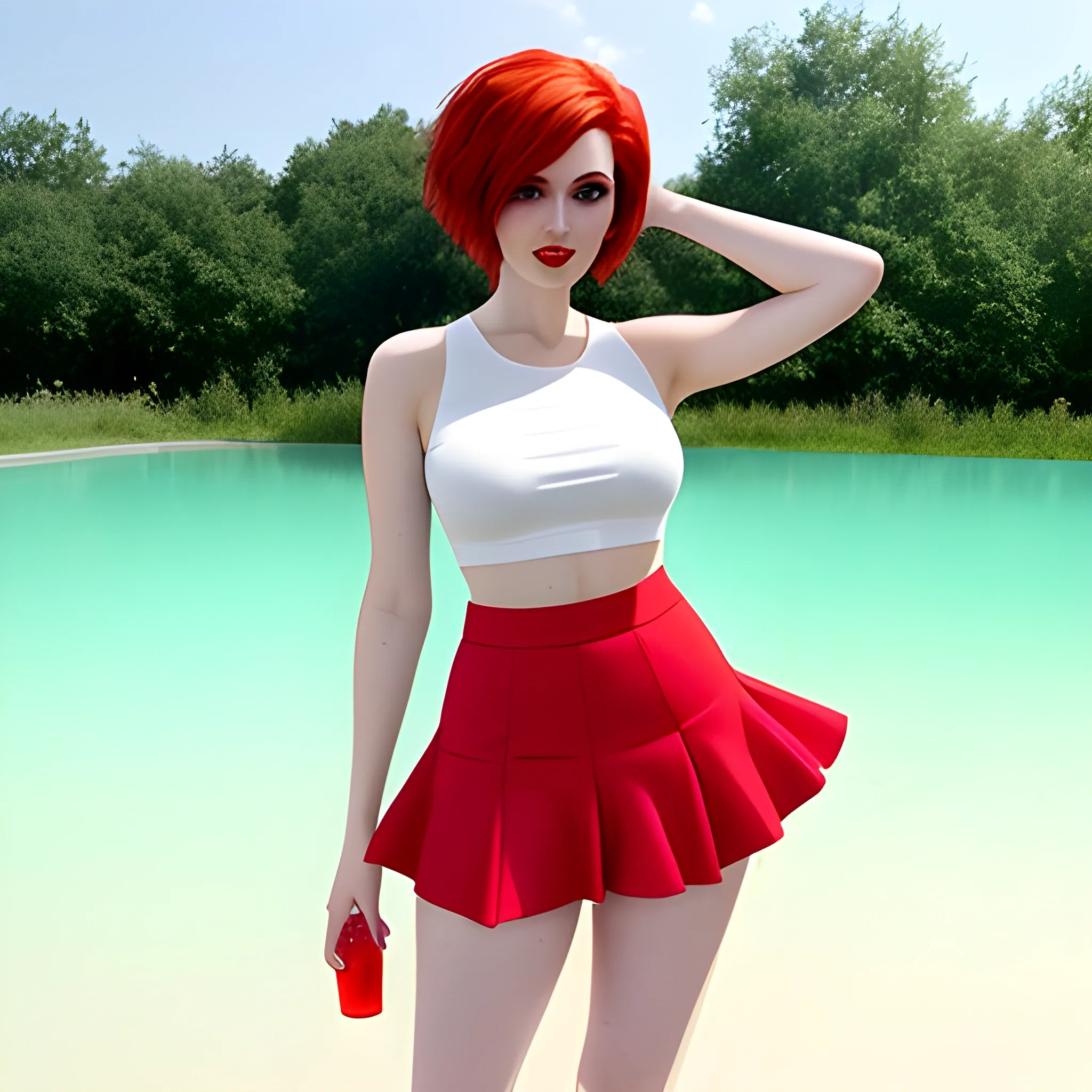 Young girl age 18y.o wearing short skirt with and transparent crop top with short red hair, Water Color