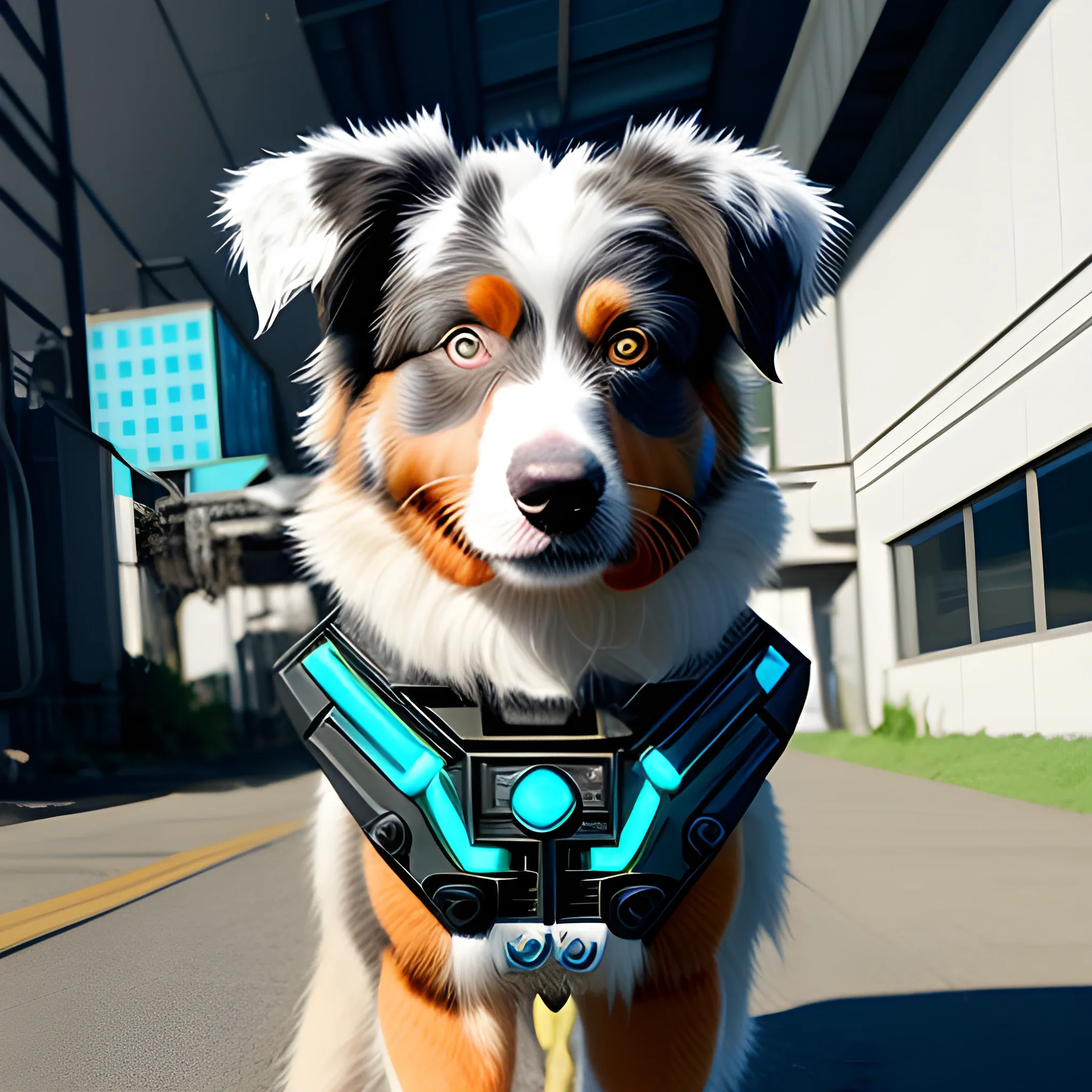 Australian shepherd dog with cyber punk biotech