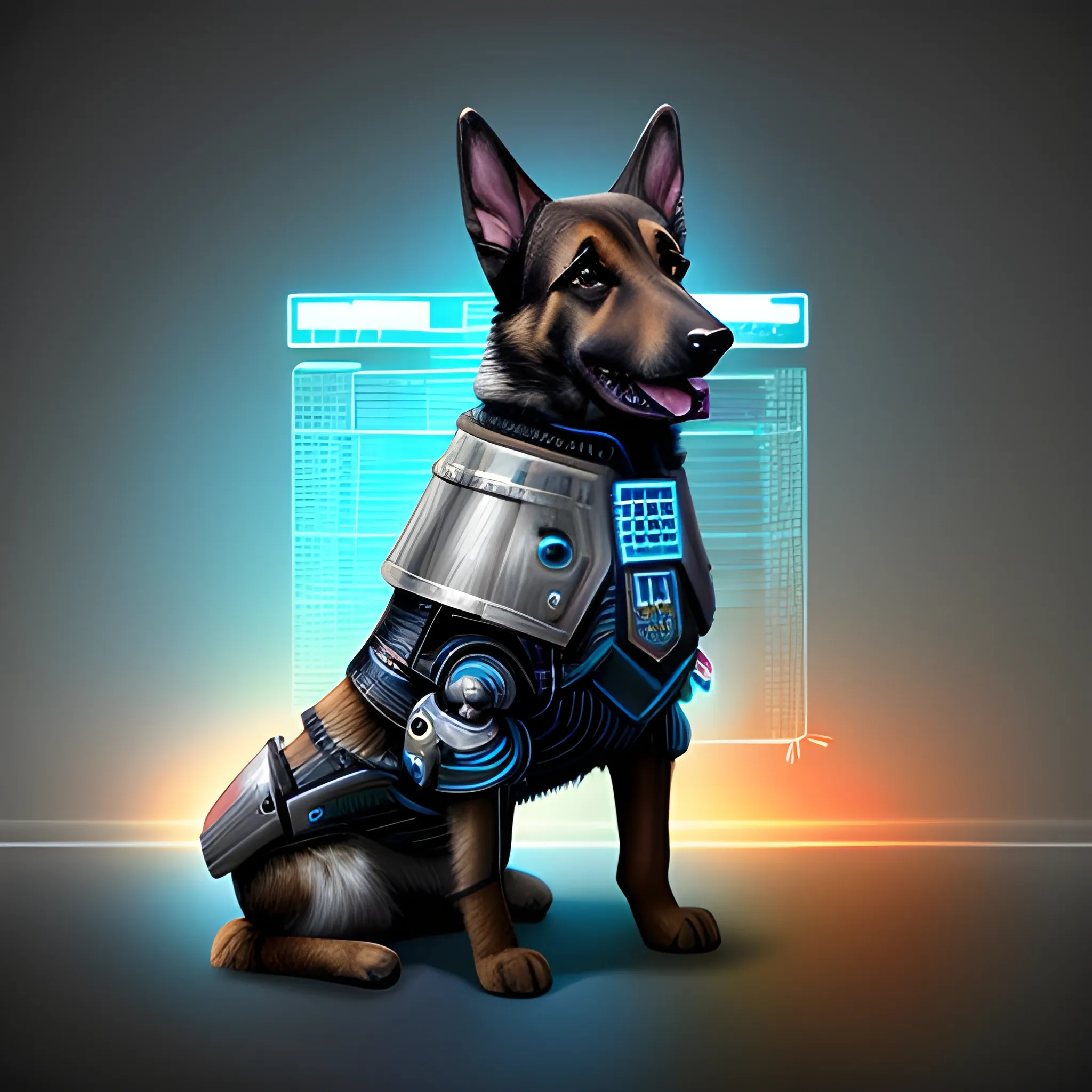 german shepherd dog with cyber punk biotech armor