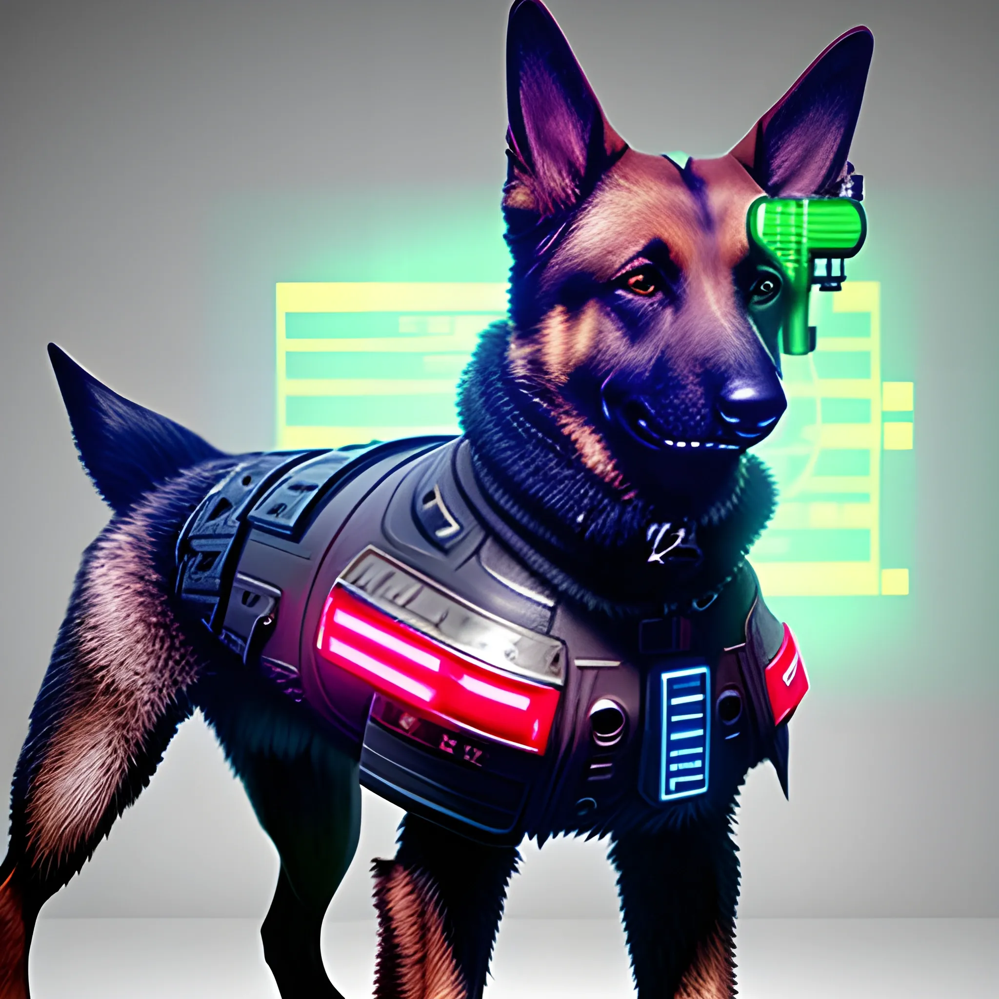 german shepherd dog with some cyber punk biotech armor pieces