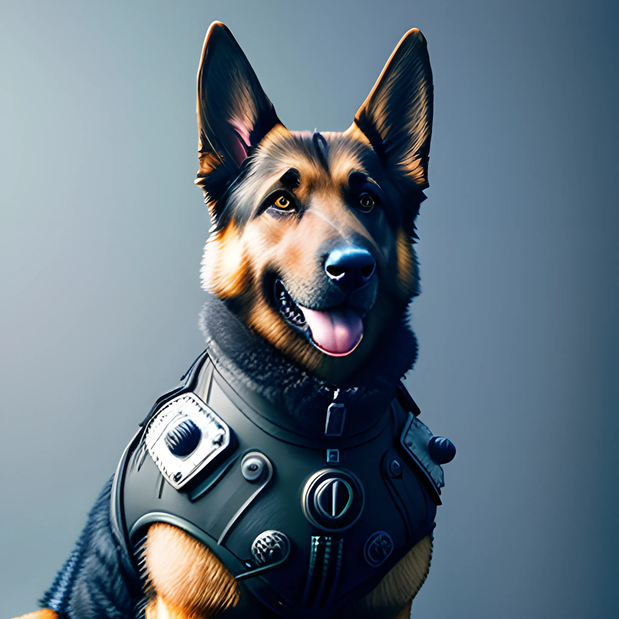 sitting german shepherd dog with k9 style cyber punk armor