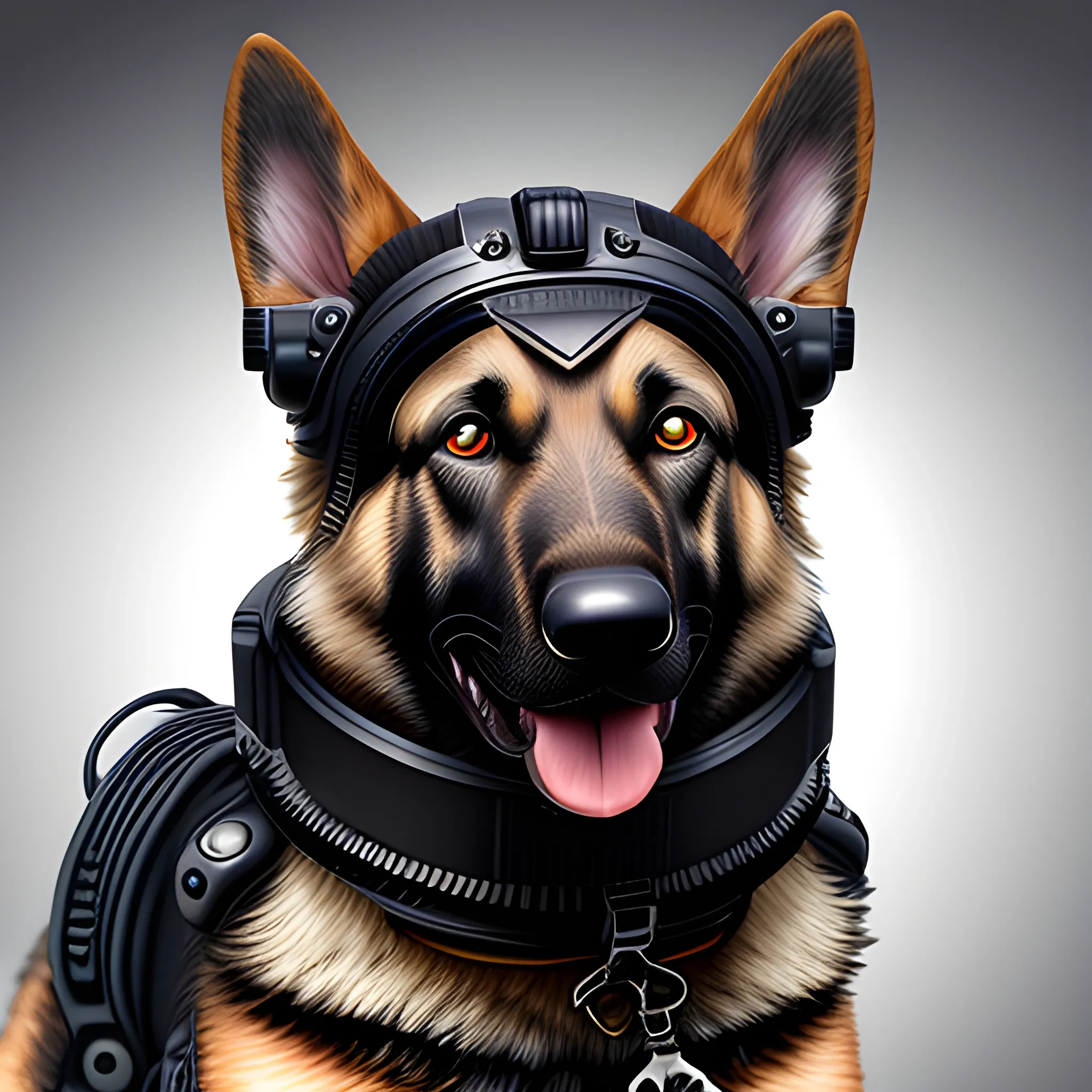 sitting german shepherd dog with k9 style cyber punk armor and eye piece
