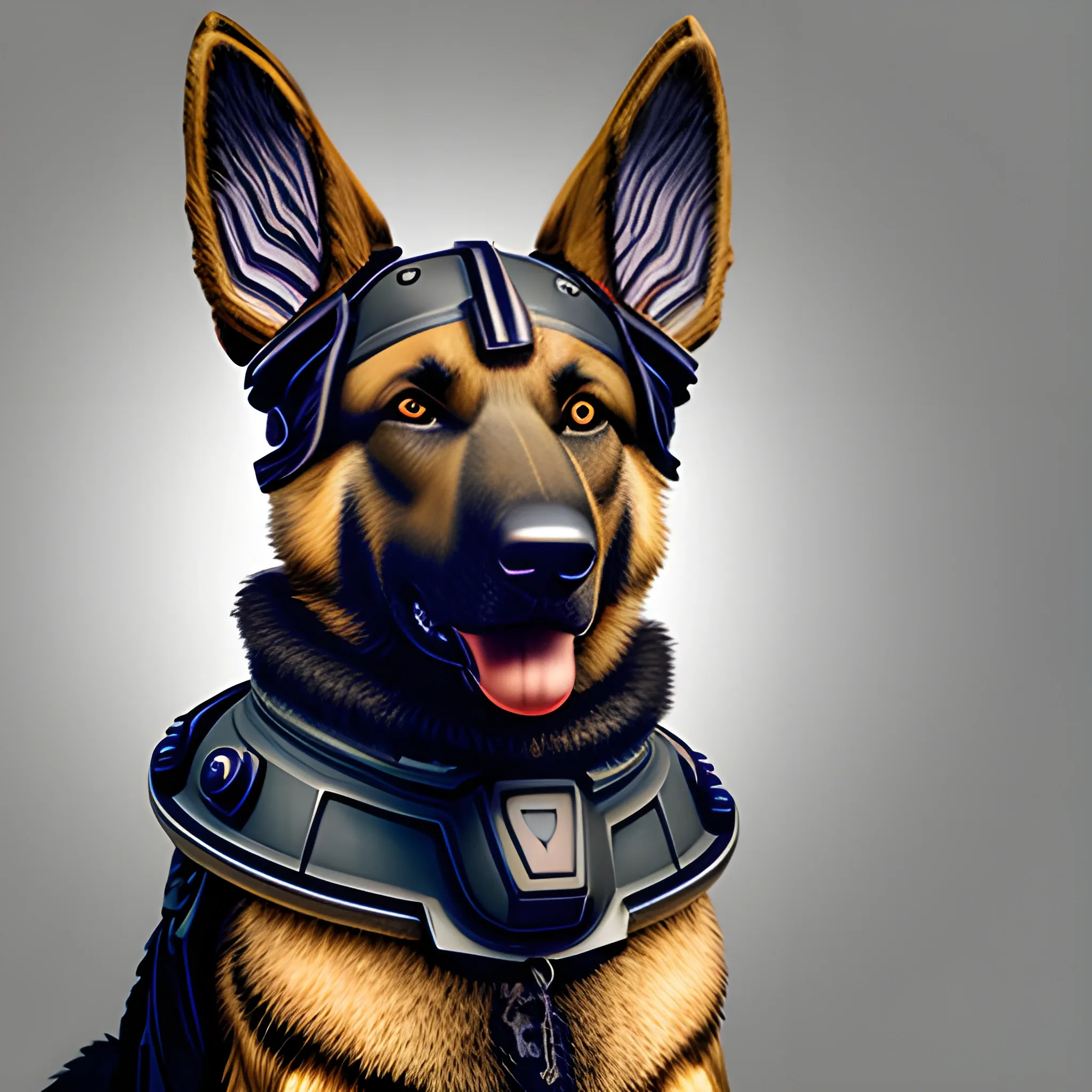 sitting german shepherd dog with k9 style cyber punk armor and scanner eyes