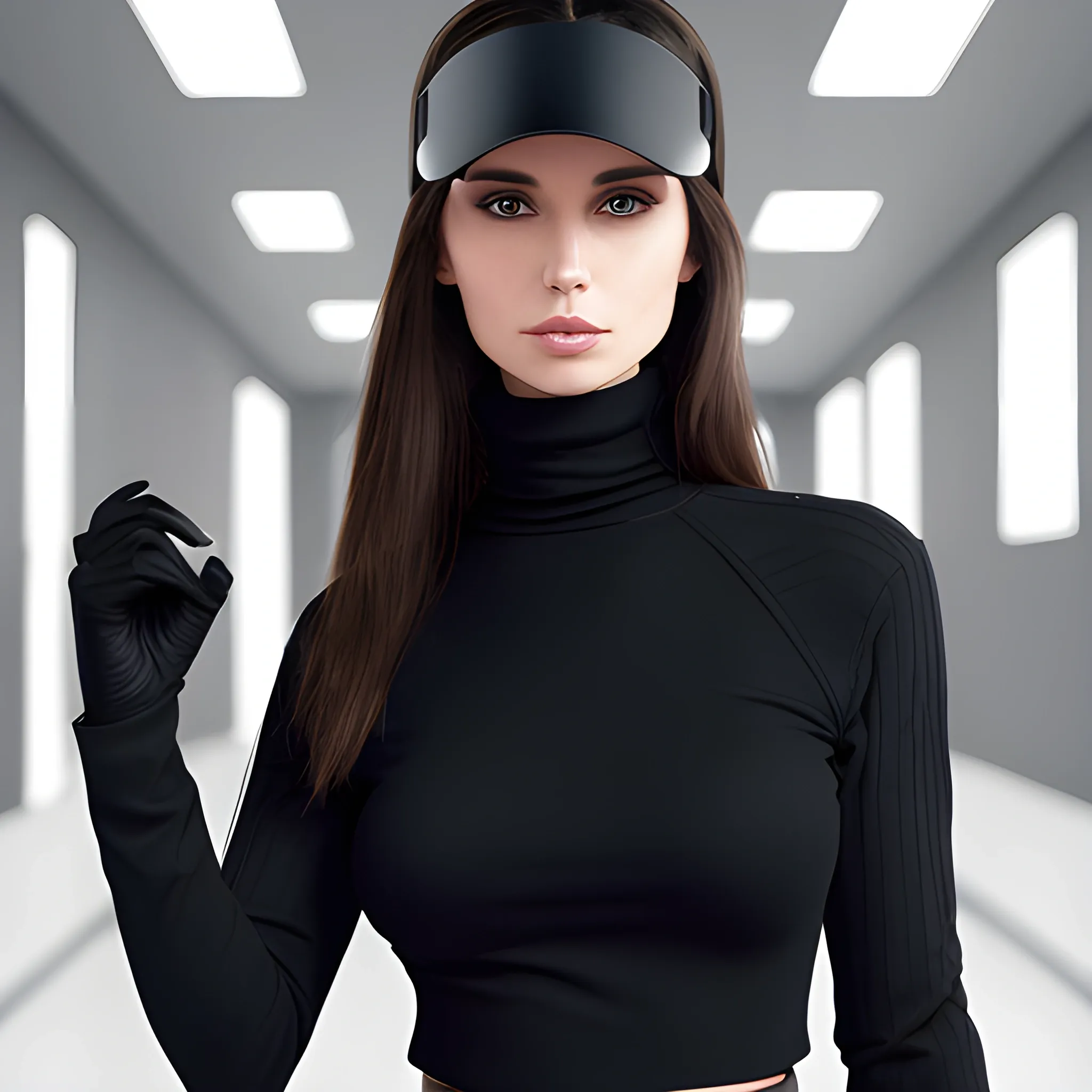 brunette woman with neural implants, high tech visor, and all black outfit of turtleneck, jeans, and vans