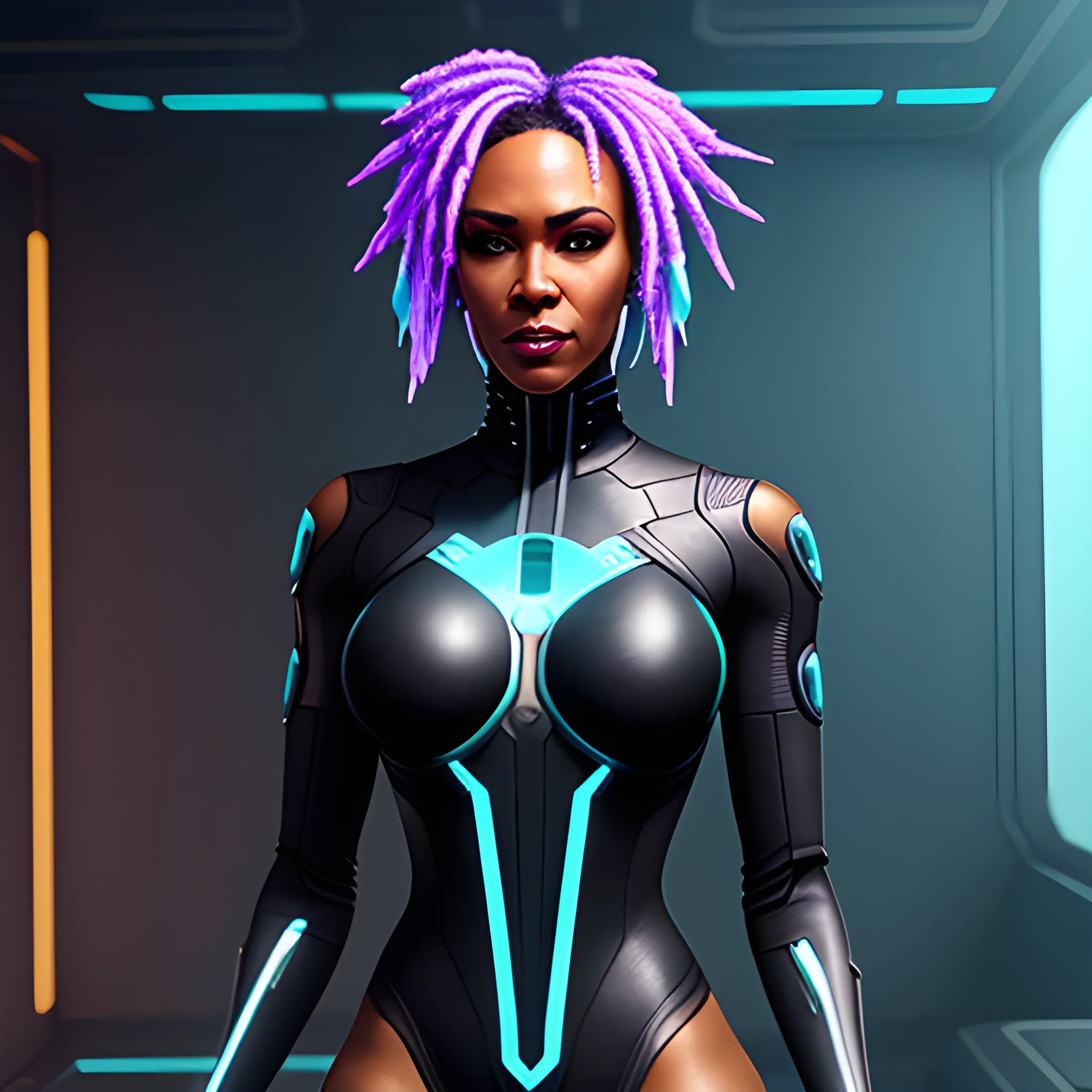 Black beautiful girl cyberpunk netrunner with bodysuit realistic 