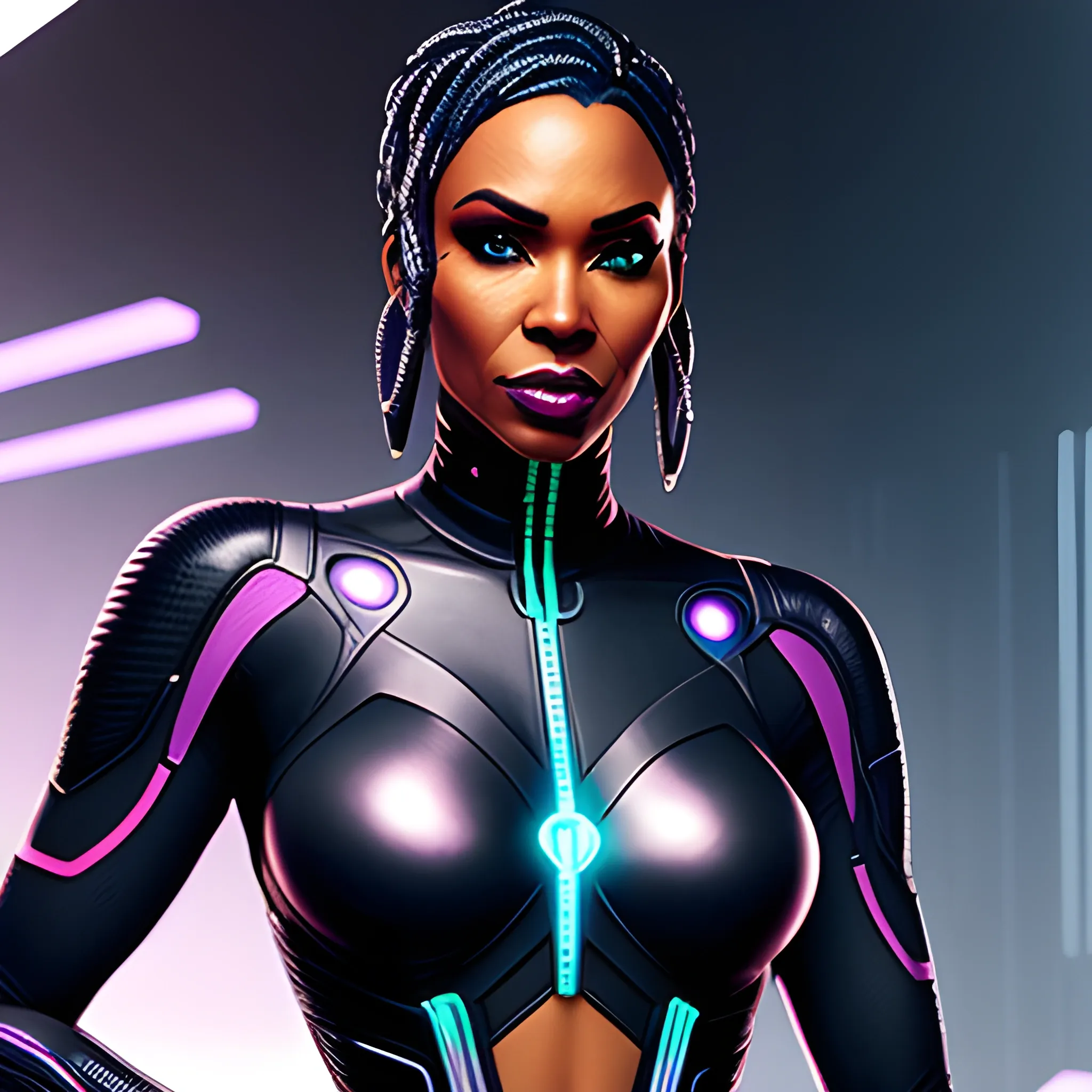 Black beautiful young girl cyberpunk netrunner with bodysuit realistic 