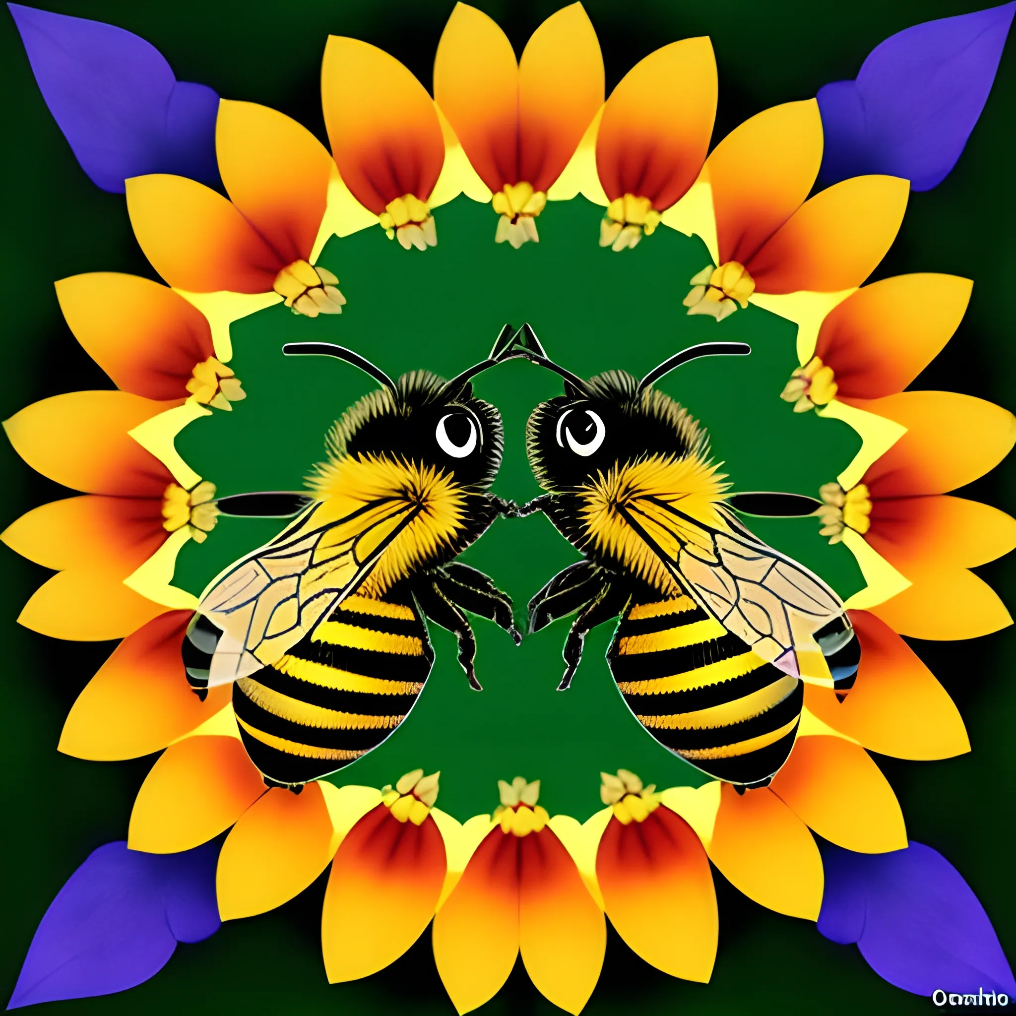 two bees together in one flower, Cartoon, Trippy