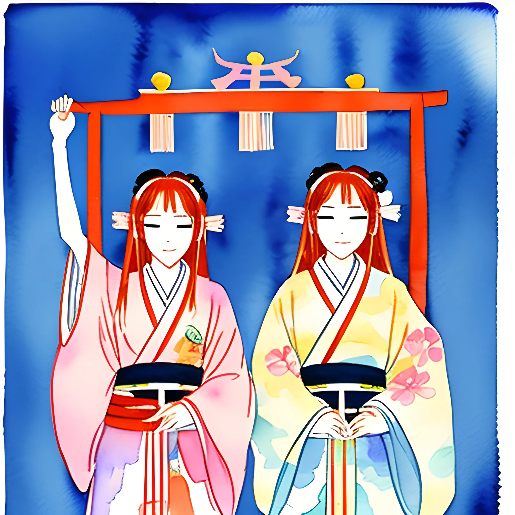 Generate a art piece style watercolor of Tanabata japanese celebration with Orihime and Hikoboshi