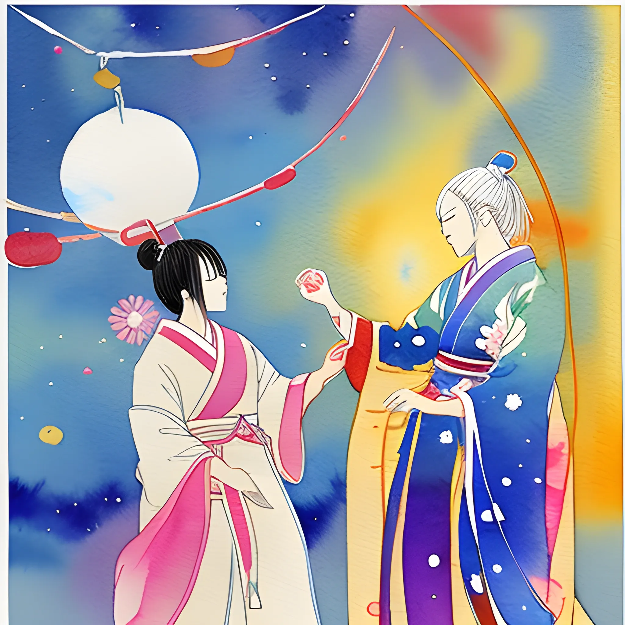 Generate a art piece style watercolor of Tanabata japanese celebration with altair and vega lovers