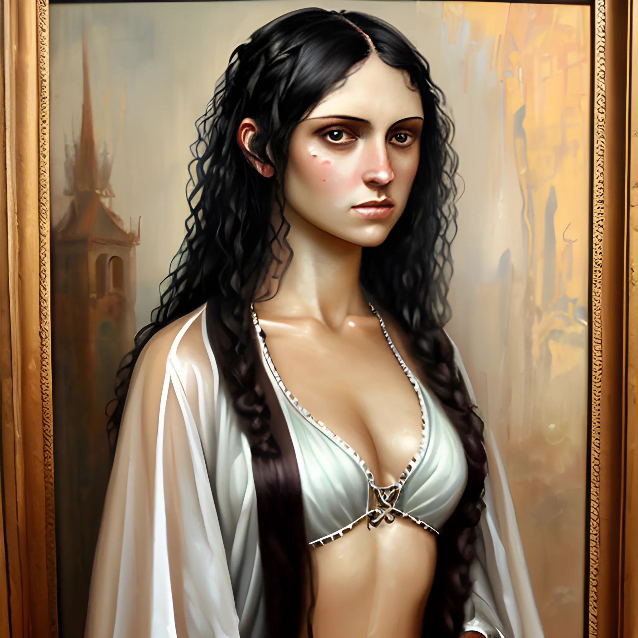 sandalpunk  sheer robes and attire long dark hair dark eyes strong body  confident, Oil Painting