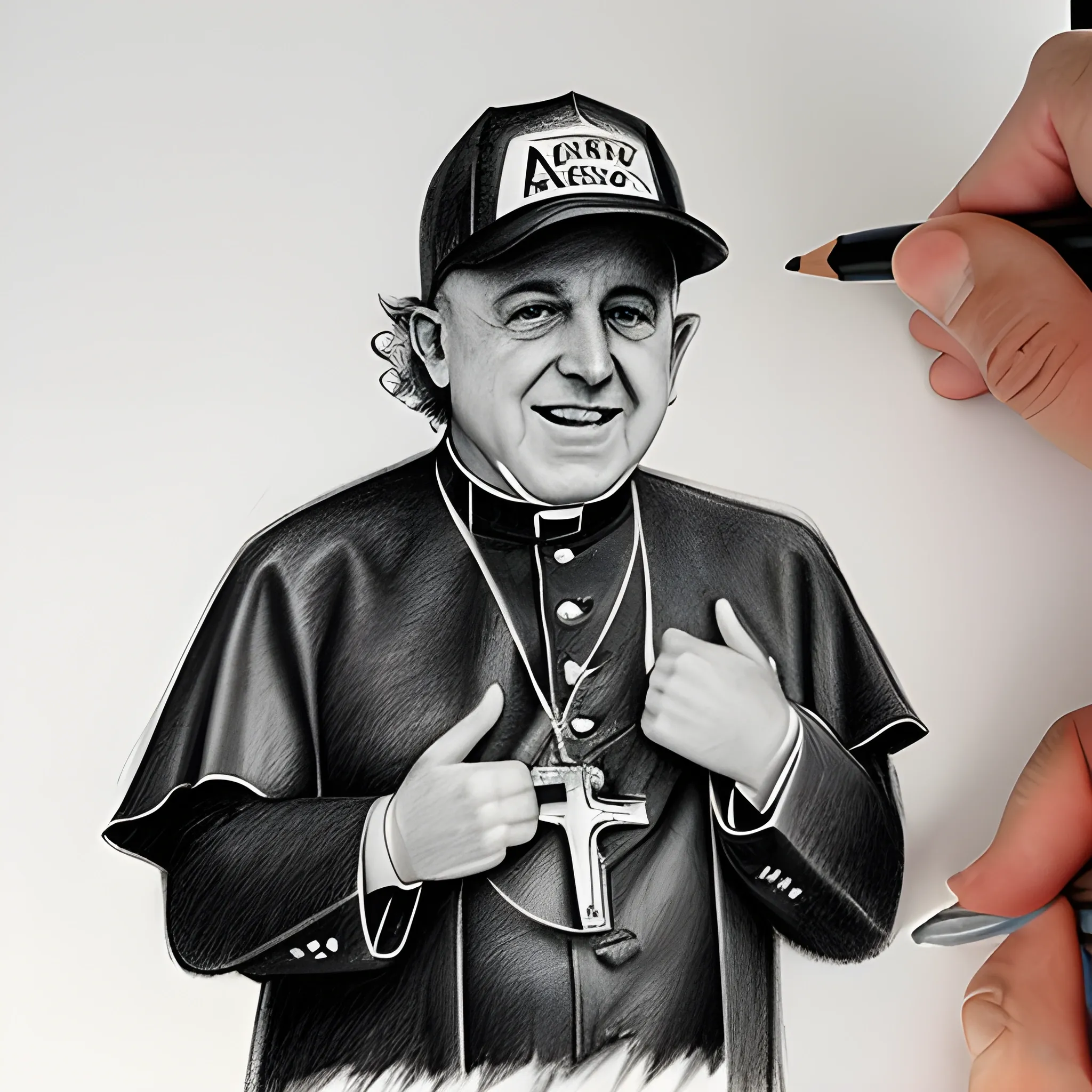 Genera una foto del Papa Francisco usando una polera del grupo AC/DC, Pencil Sketch