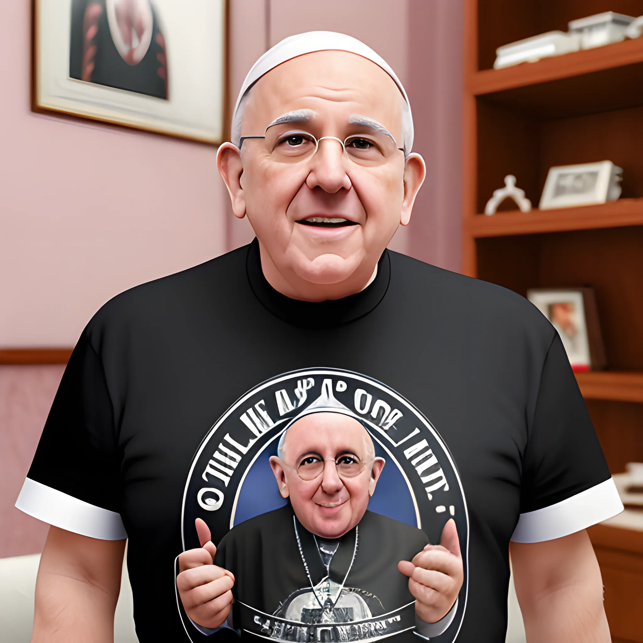 Genera una foto del Papa Francisco usando una polera del grupo AC/DC, 3D