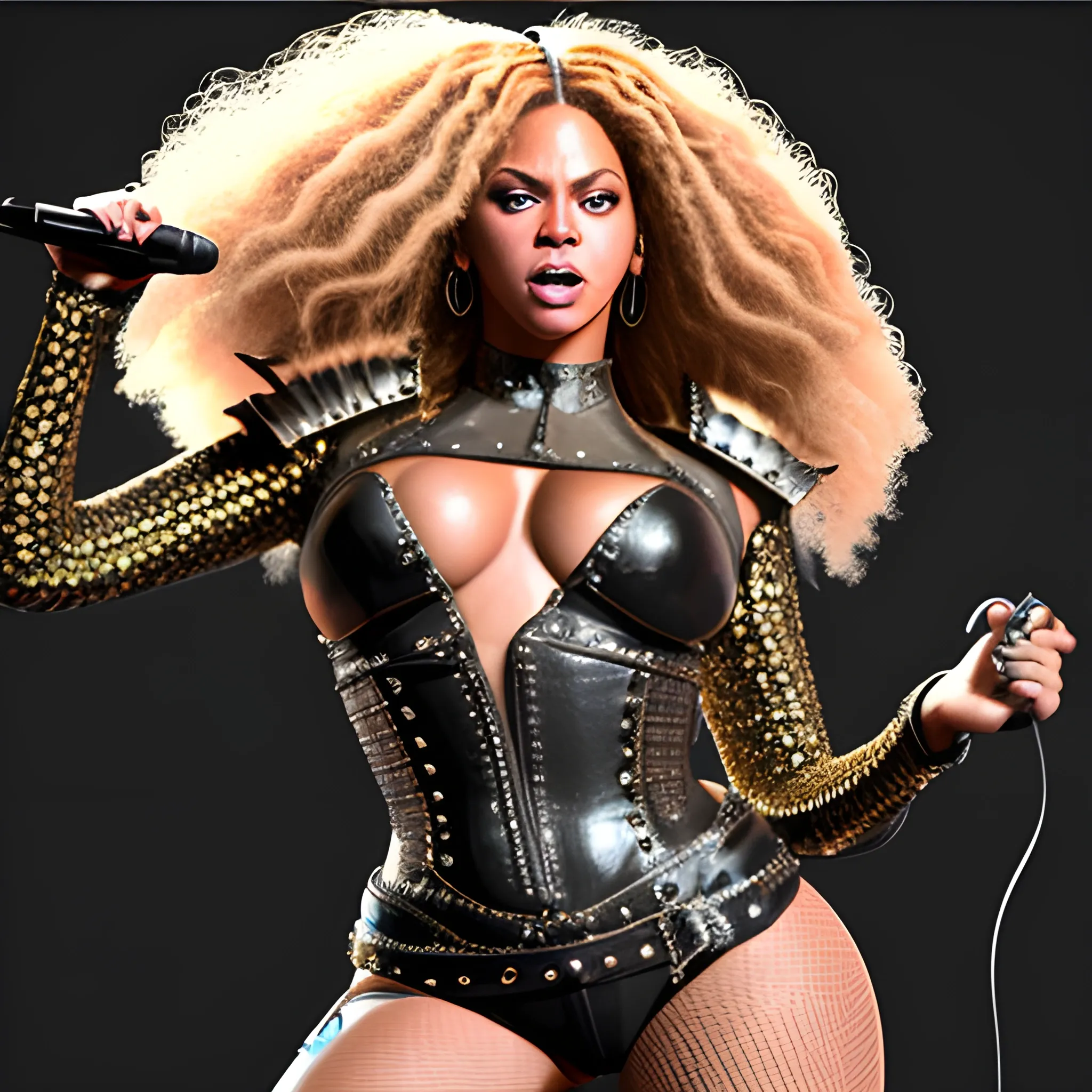 Genera una imagen de Beyoncé como vocalista de un grupo de Heavy Metal , 3D