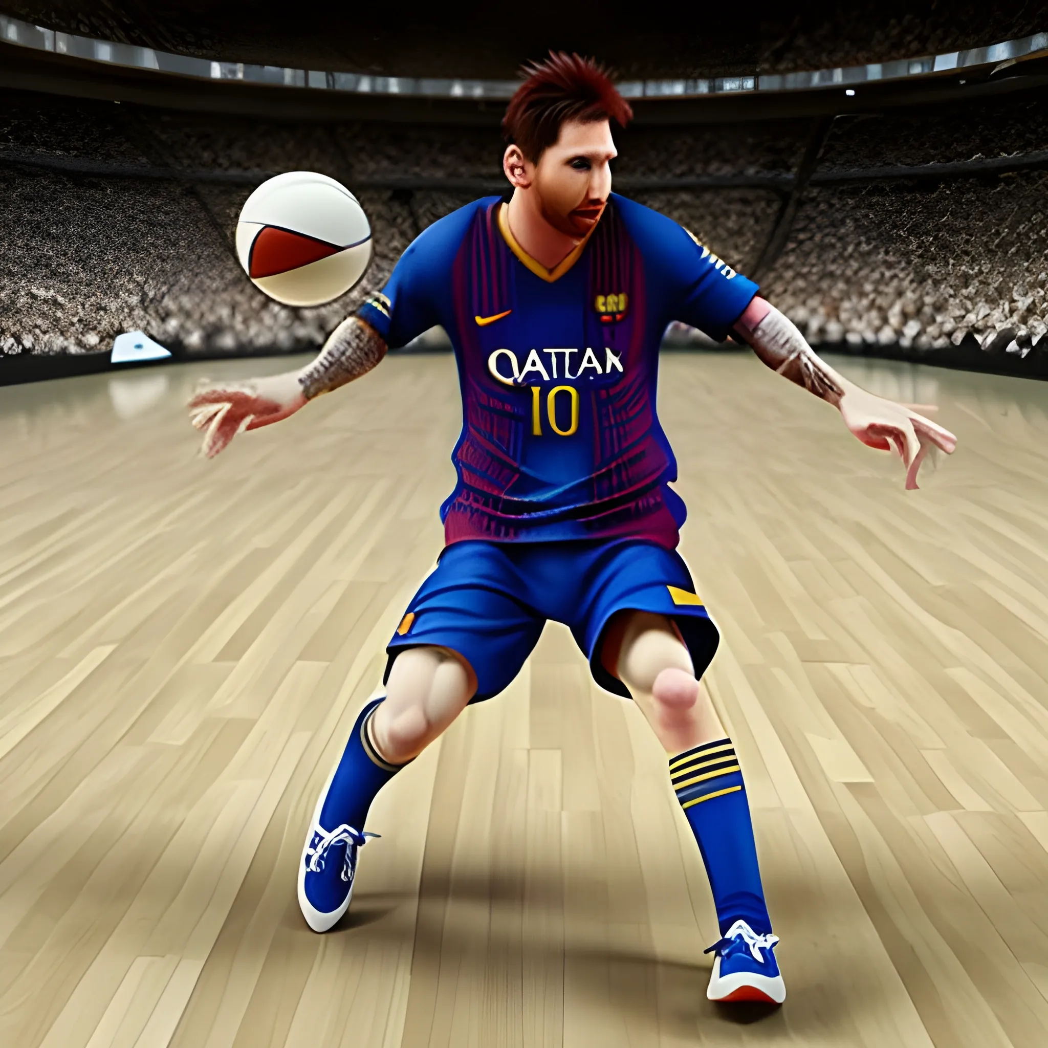 Genera una imagen de Lionel Messi como jugador de baloncesto, 3D