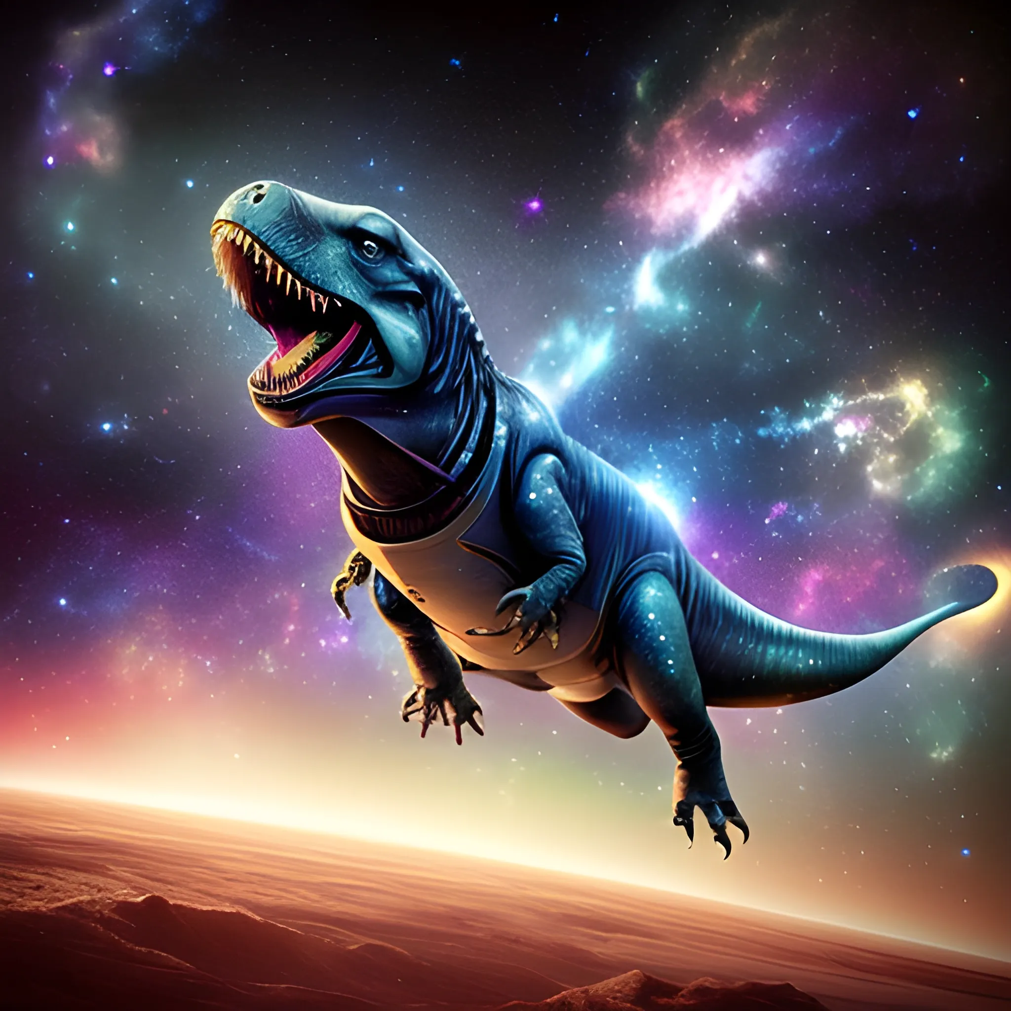 a beautiful picture of a space trex flying through the infinite cosmos with galaxies and stars in the background