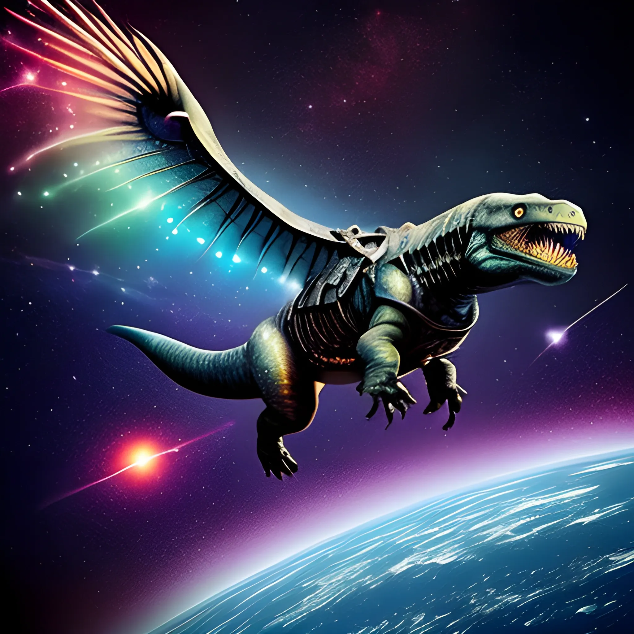 a beautiful picture of a space trex flying through the infinite cosmos with galaxies and stars in the background