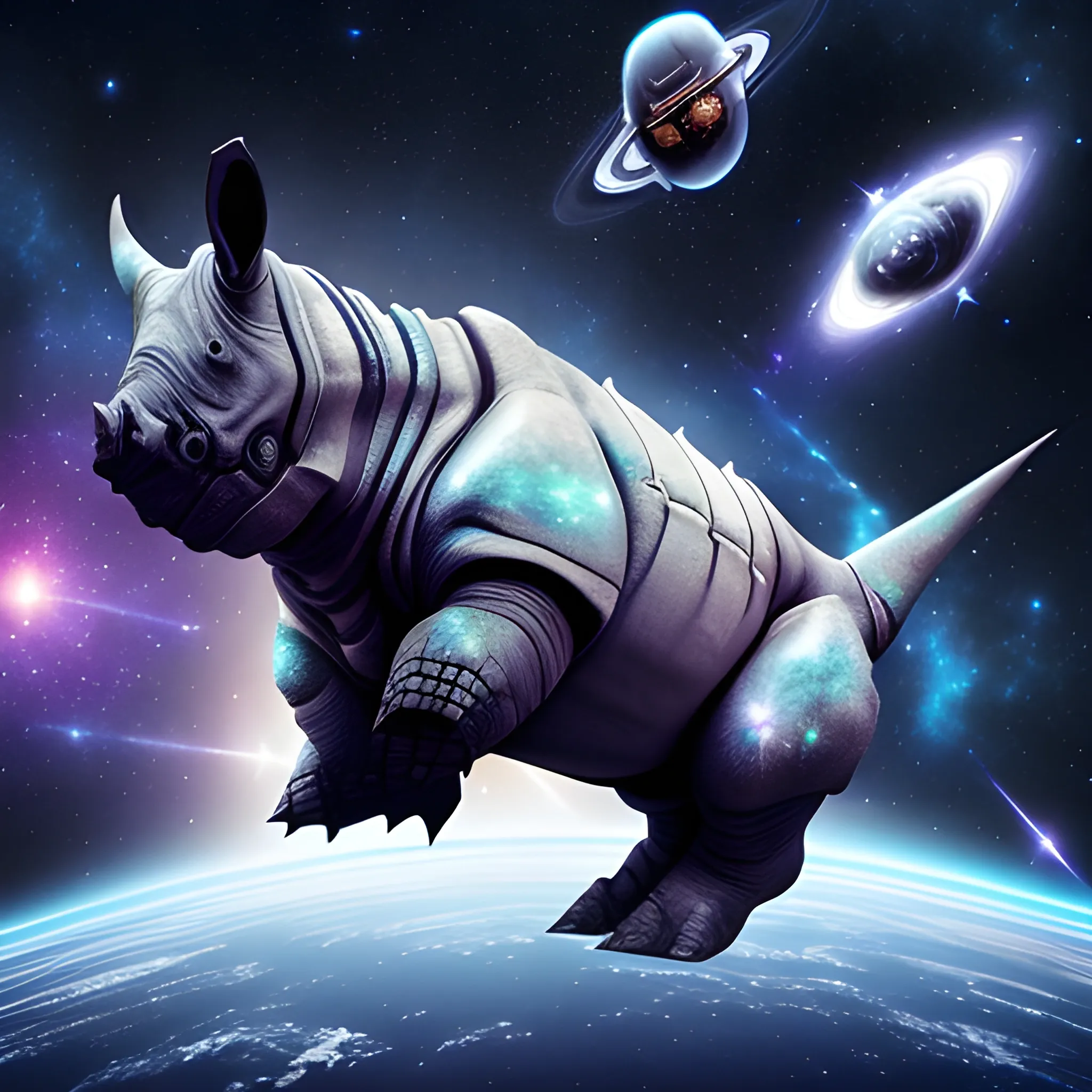 a beautiful picture of a space rhino flying through the infinite cosmos with galaxies and stars in the background