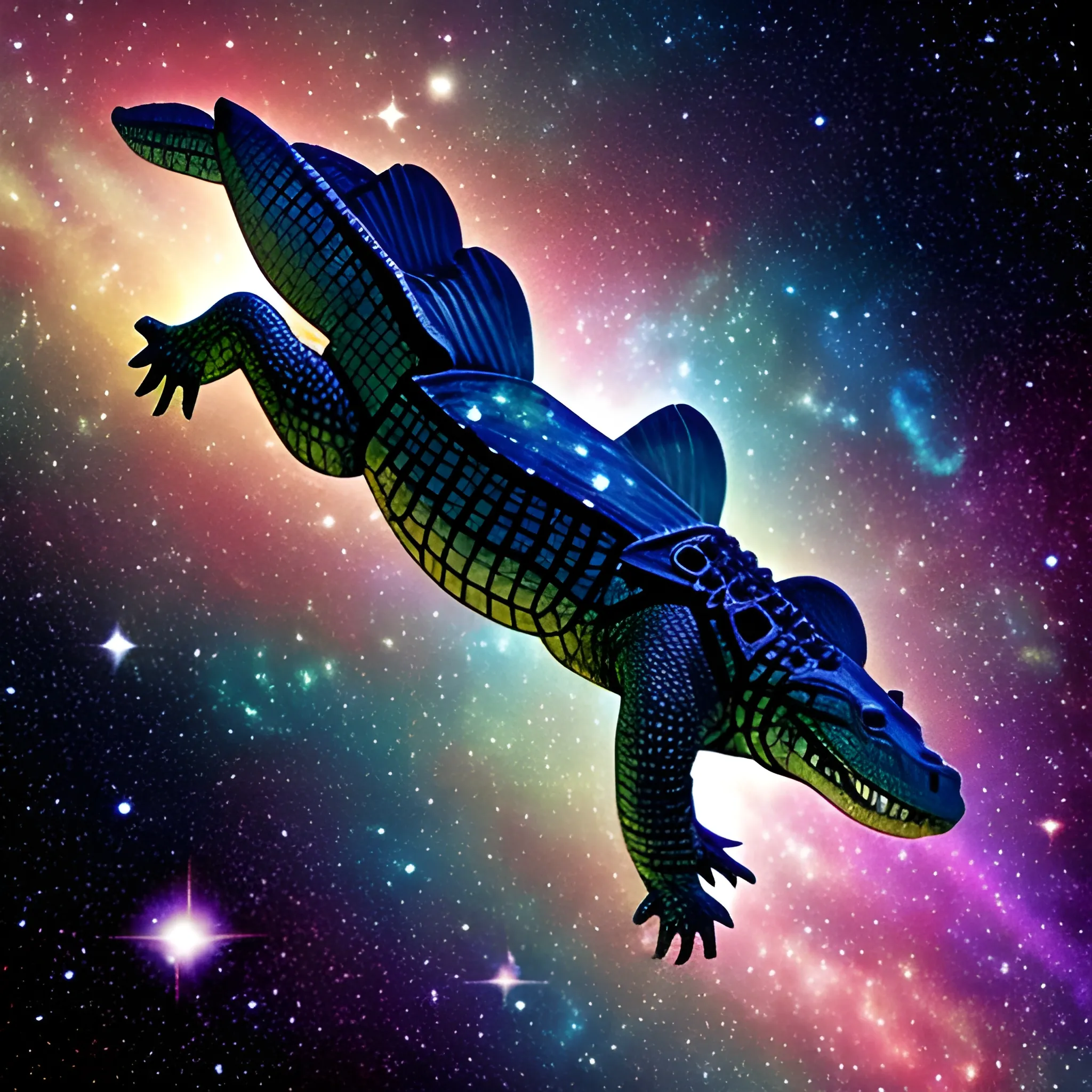 a beautiful picture of a space crocodile flying through the infinite cosmos with galaxies and stars in the background