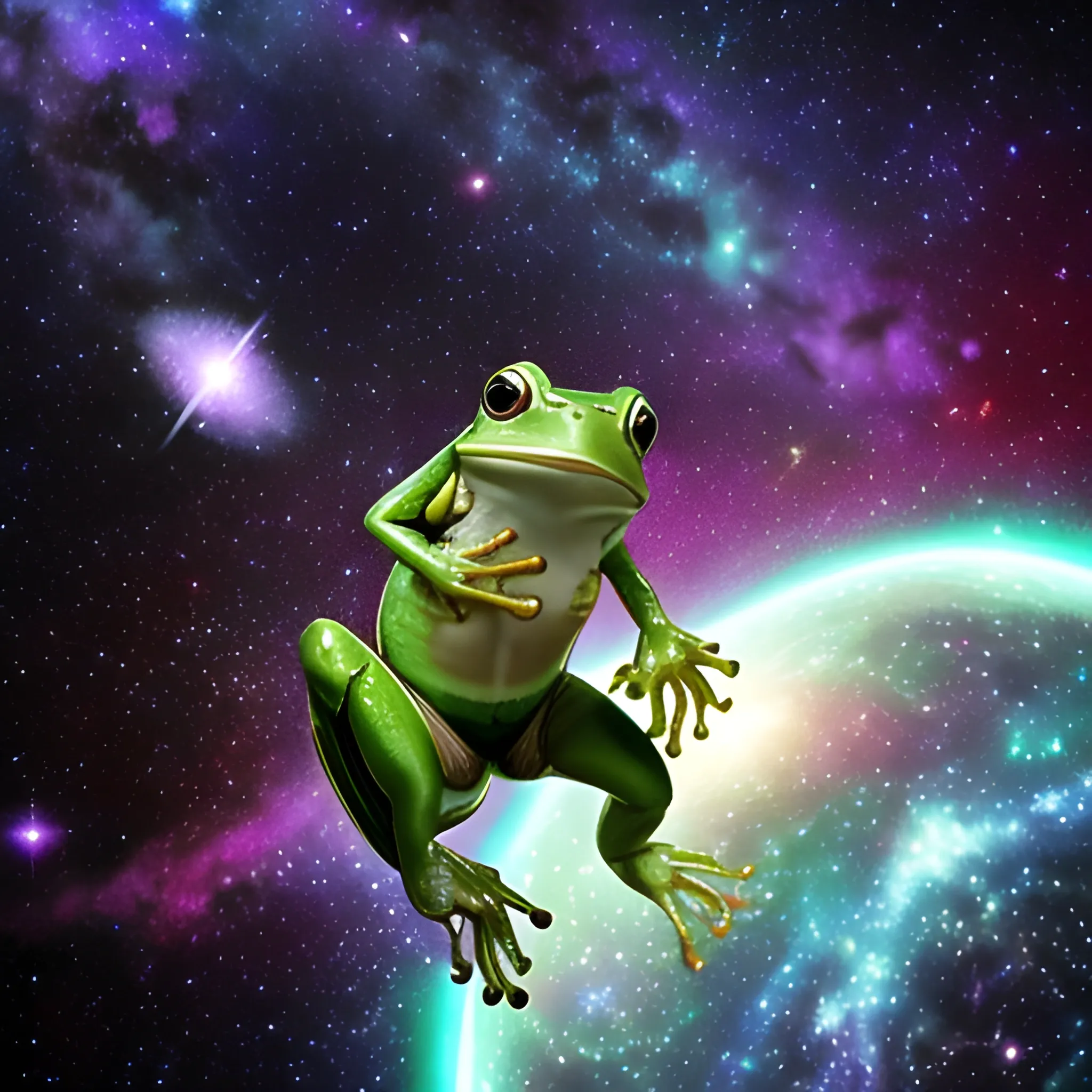 a beautiful picture of a space frog flying through the infinite cosmos with galaxies and stars in the background