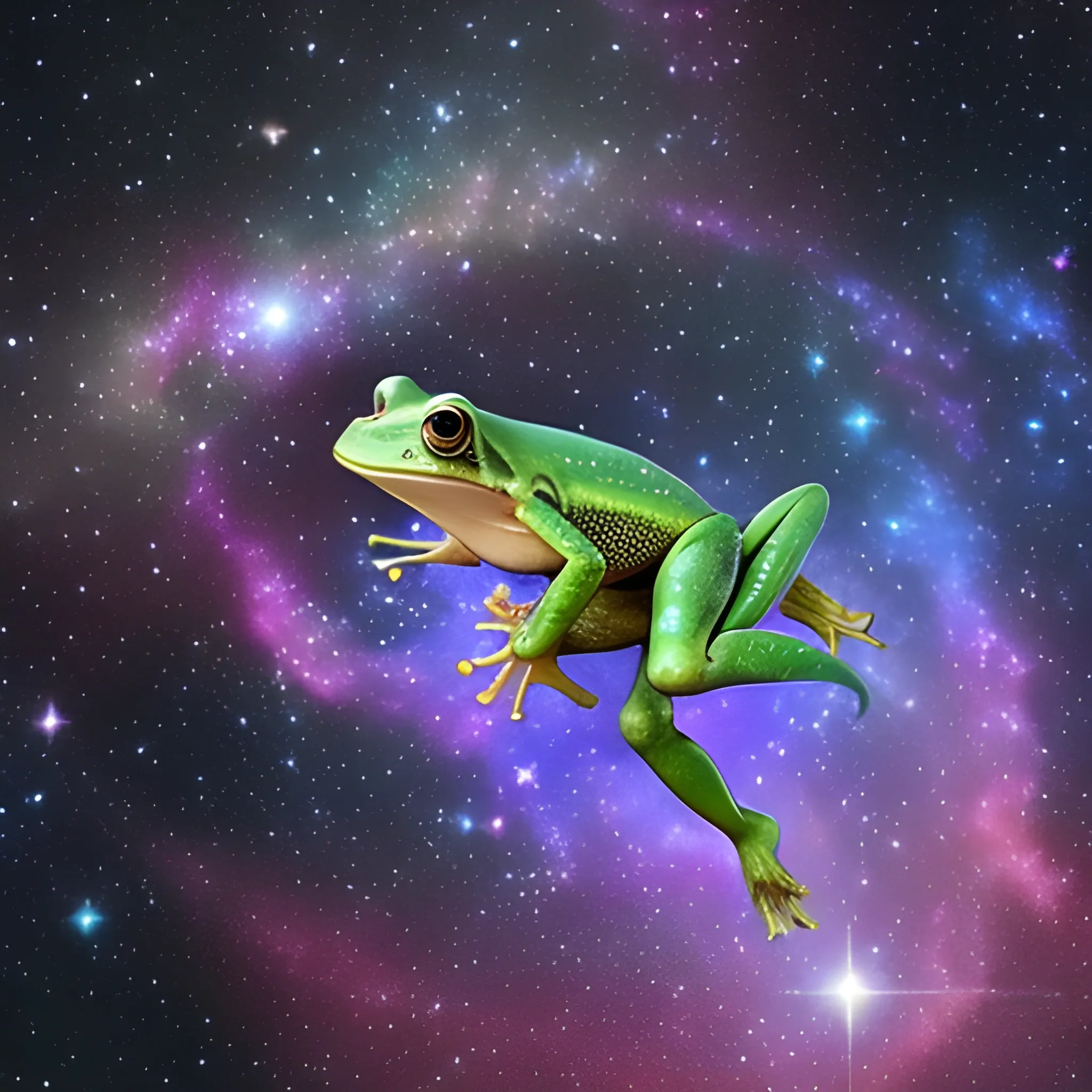 a beautiful picture of a space frog flying through the infinite cosmos with galaxies and stars in the background