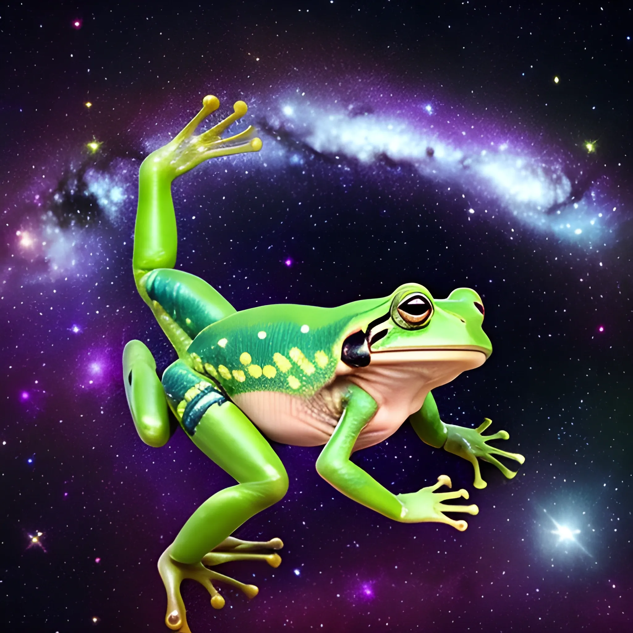 a beautiful picture of a space frog flying through the infinite cosmos with galaxies and stars in the background while the frog is grabbing the earth in its hands