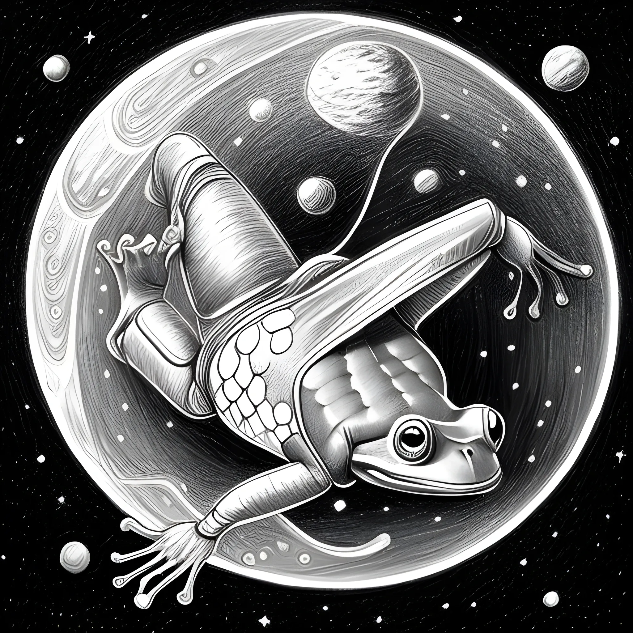 a beautiful picture of a space frog flying through the infinite cosmos grabbing the earth in its hands., Pencil Sketch