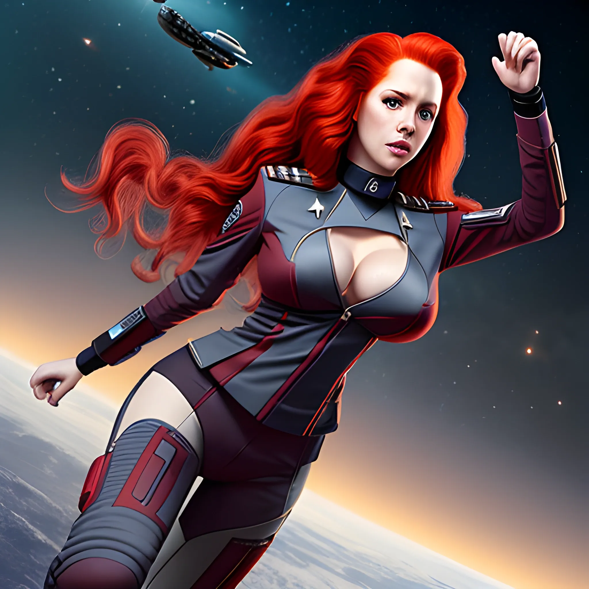 uniformed woman from star trek crew, long wavy red hair, big boobs, slim waist, wide thighs, hyper detailed, hyper realistic