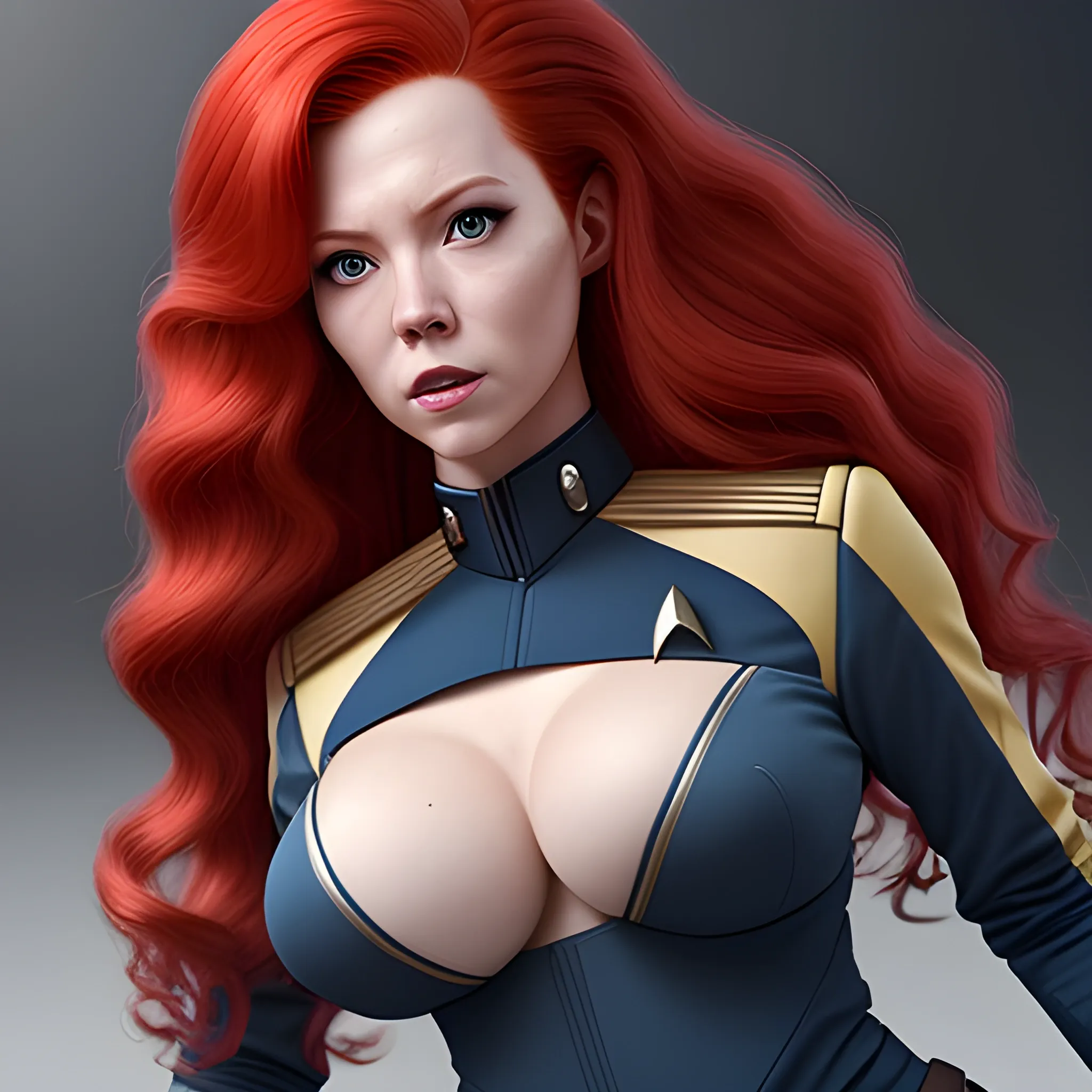 uniformed woman from star trek crew, long wavy red hair, big boobs, slim waist, wide thighs, hyper detailed, hyper realistic