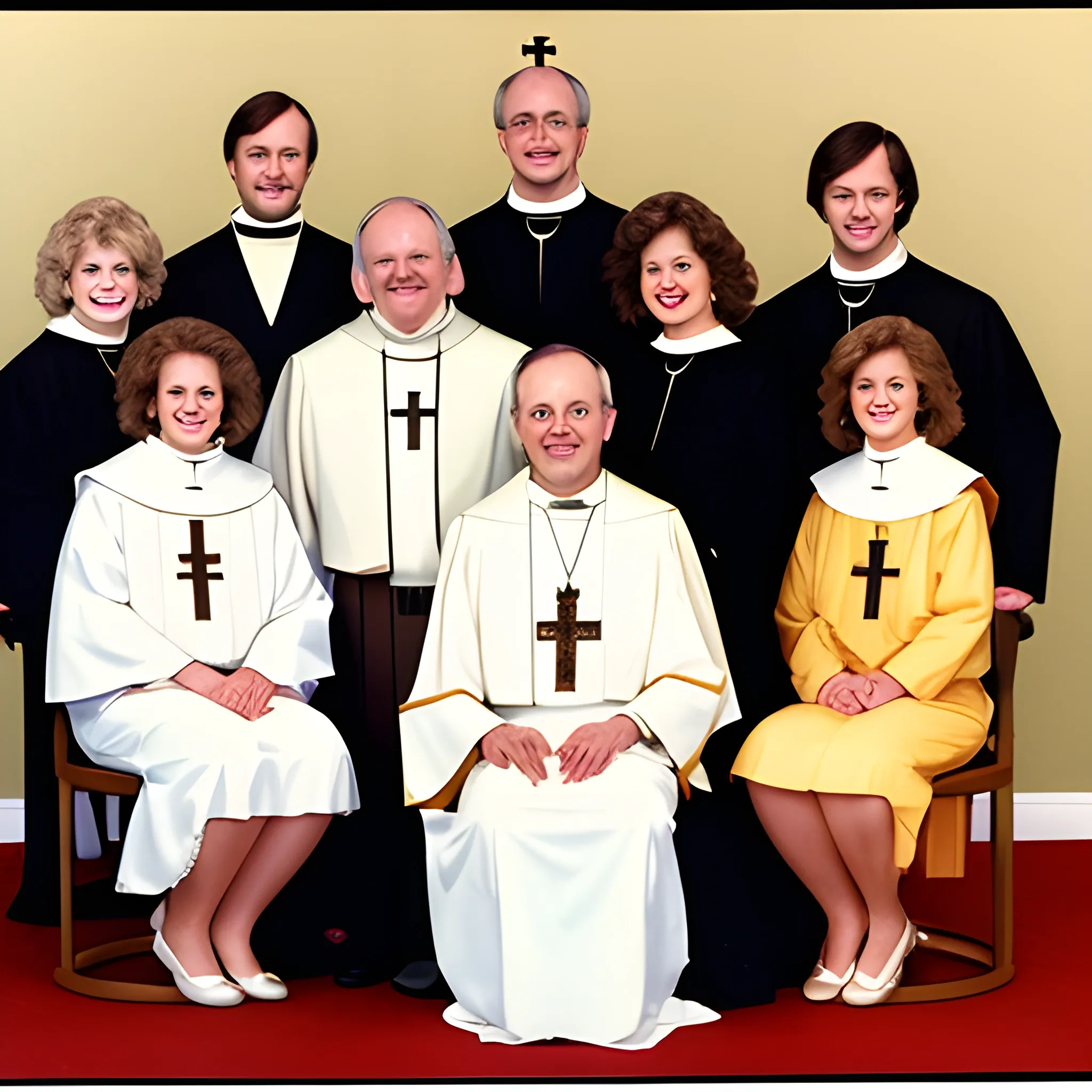 extended family portrait from the 1980s, all the men are priests and all the women are dressed like exotic dancers