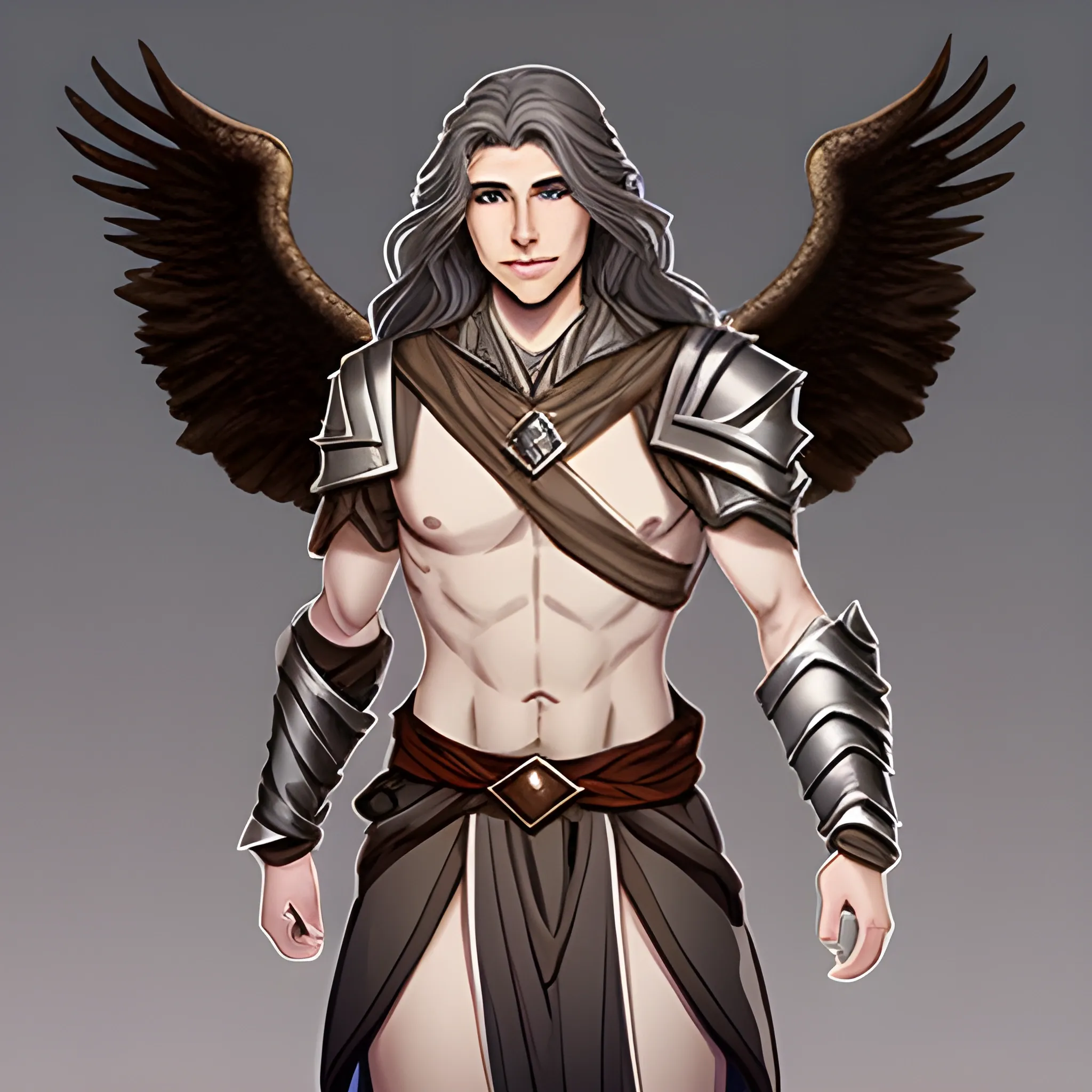 male aasimar from dungeons & dragons with: brown, semi-wavy and semi-long hair; very light gray and slightly shiny skin;