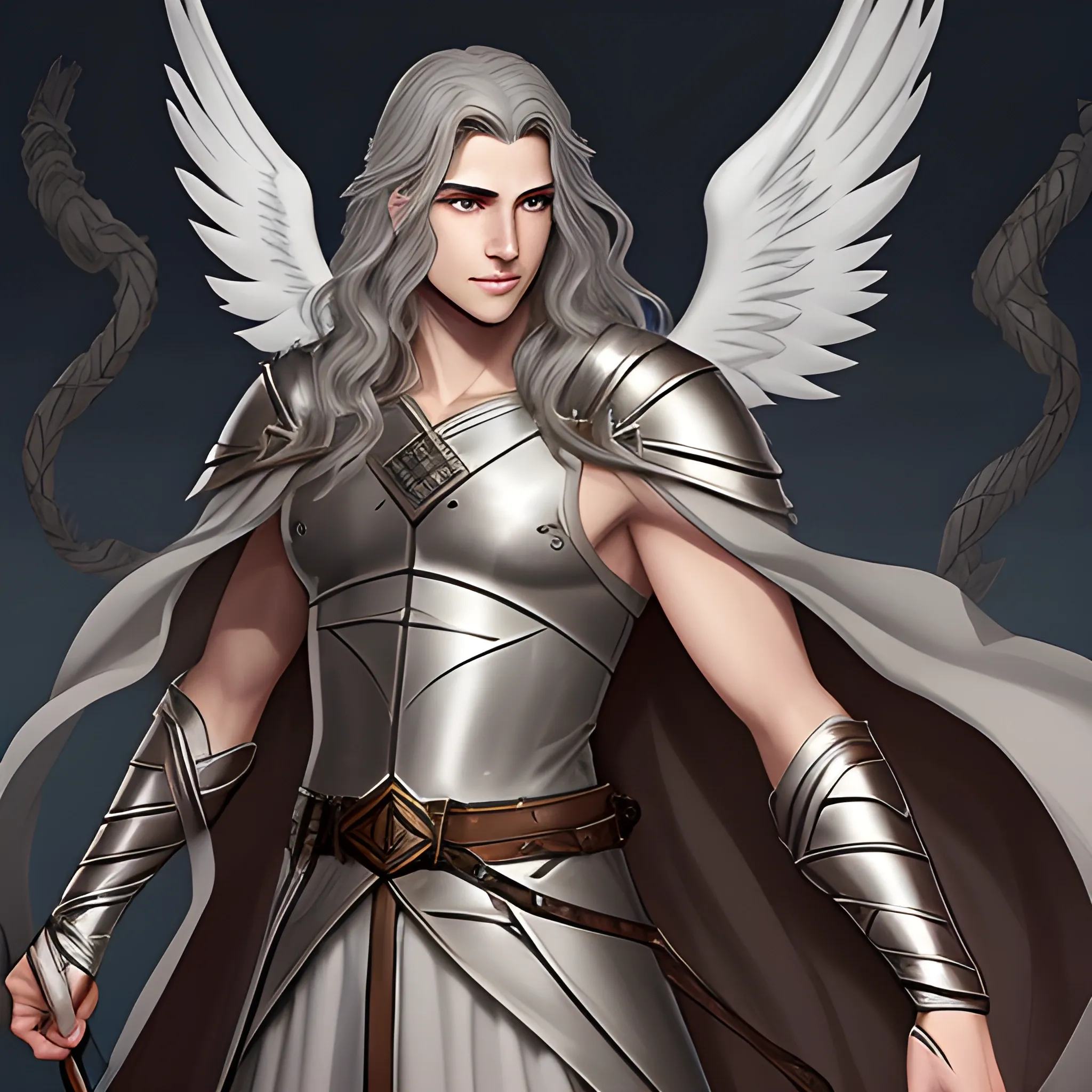 male aasimar from dungeons & dragons with: brown, semi-wavy and semi-long hair; very light gray and slightly shiny skin; grey eyes; 