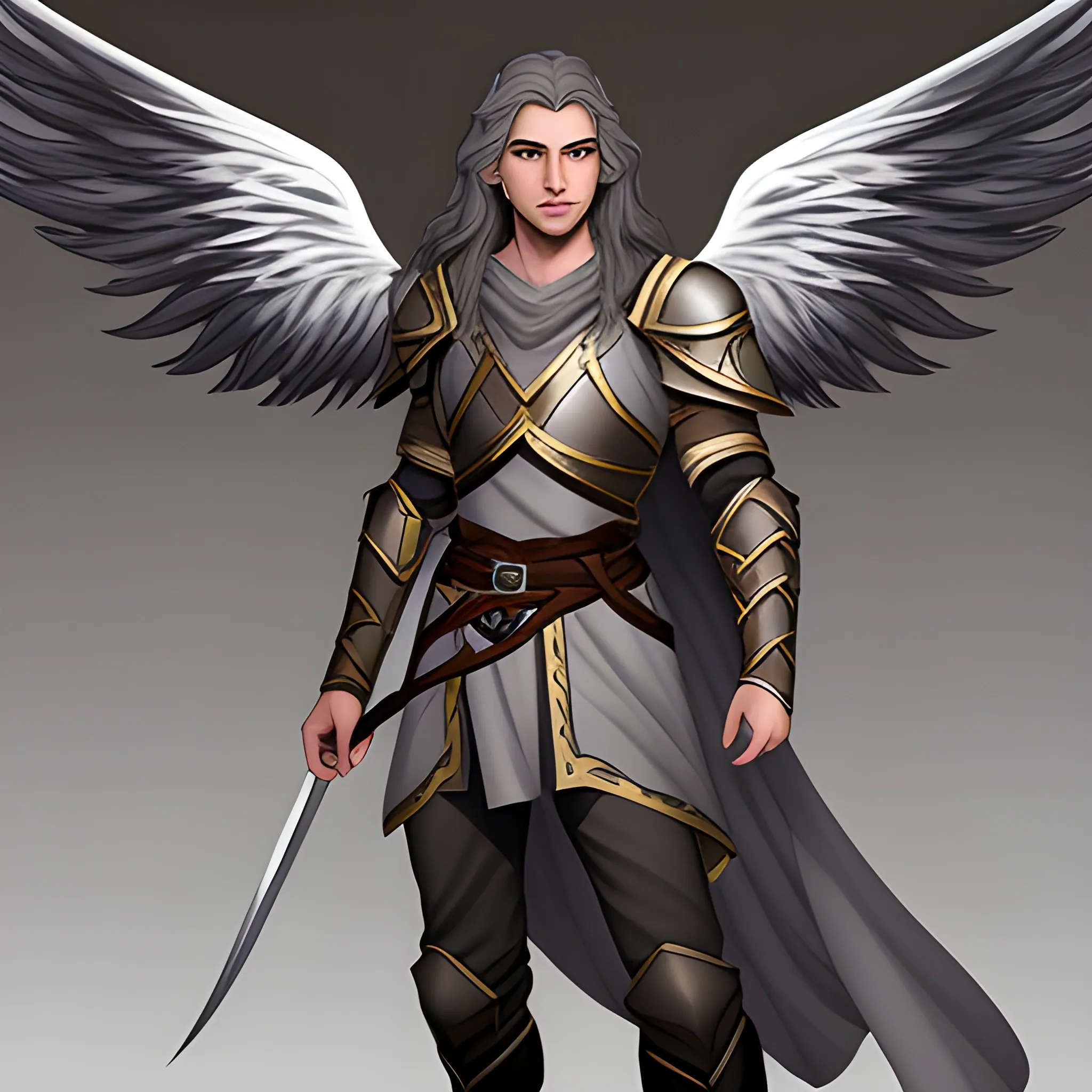 male aasimar from dungeons & dragons with: brown, semi-wavy and semi-long hair; very light gray and slightly shiny skin; dark grey eyes; grey wings