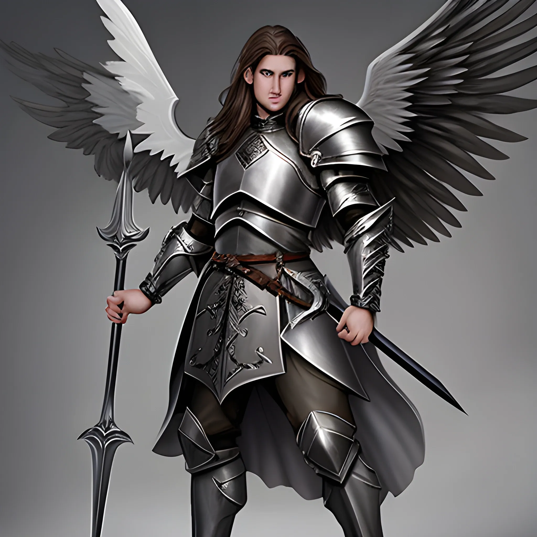 male aasimar from dungeons & dragons with: brown hair, semi-wavy and semi-long hair; very light gray and slightly shiny skin; dark grey eyes; grey wings; heavy armour; wearing spear and shield; grim face
