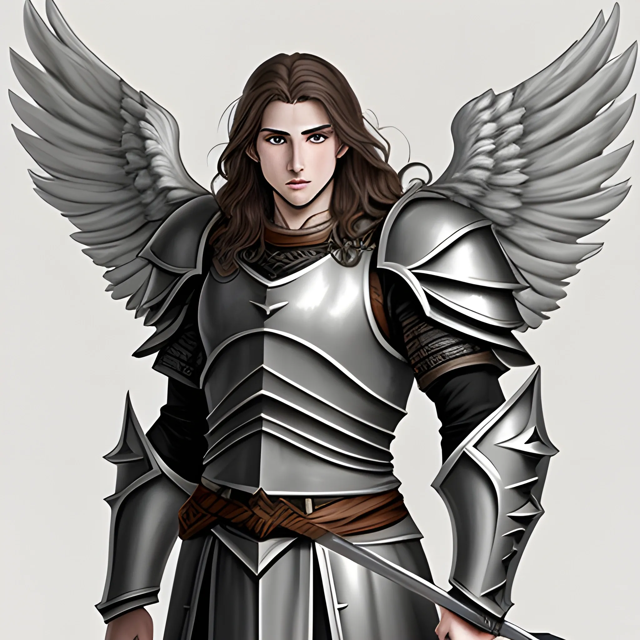 male aasimar from dungeons & dragons with: brown hair, semi-wavy and semi-long hair; very light gray and slightly shiny skin; dark grey eyes; grey wings; heavy armour; carrying spear and shield; grim face, Pencil Sketch
