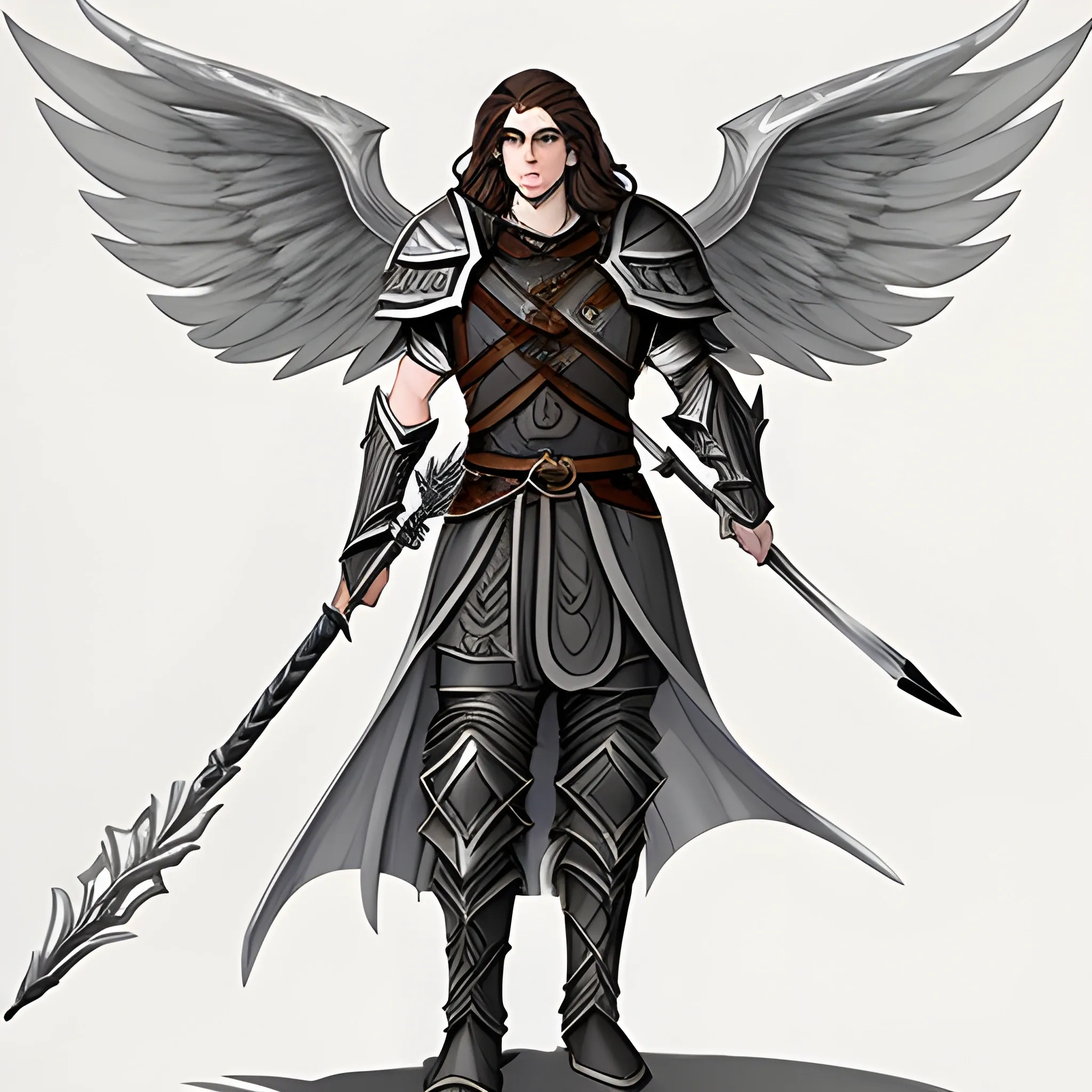 male aasimar from dungeons & dragons with: brown hair, semi-wavy and semi-long hair; very light gray and slightly shiny skin; dark grey eyes; grey wings; heavy armour; carrying spear and shield; grim face, Pencil Sketch