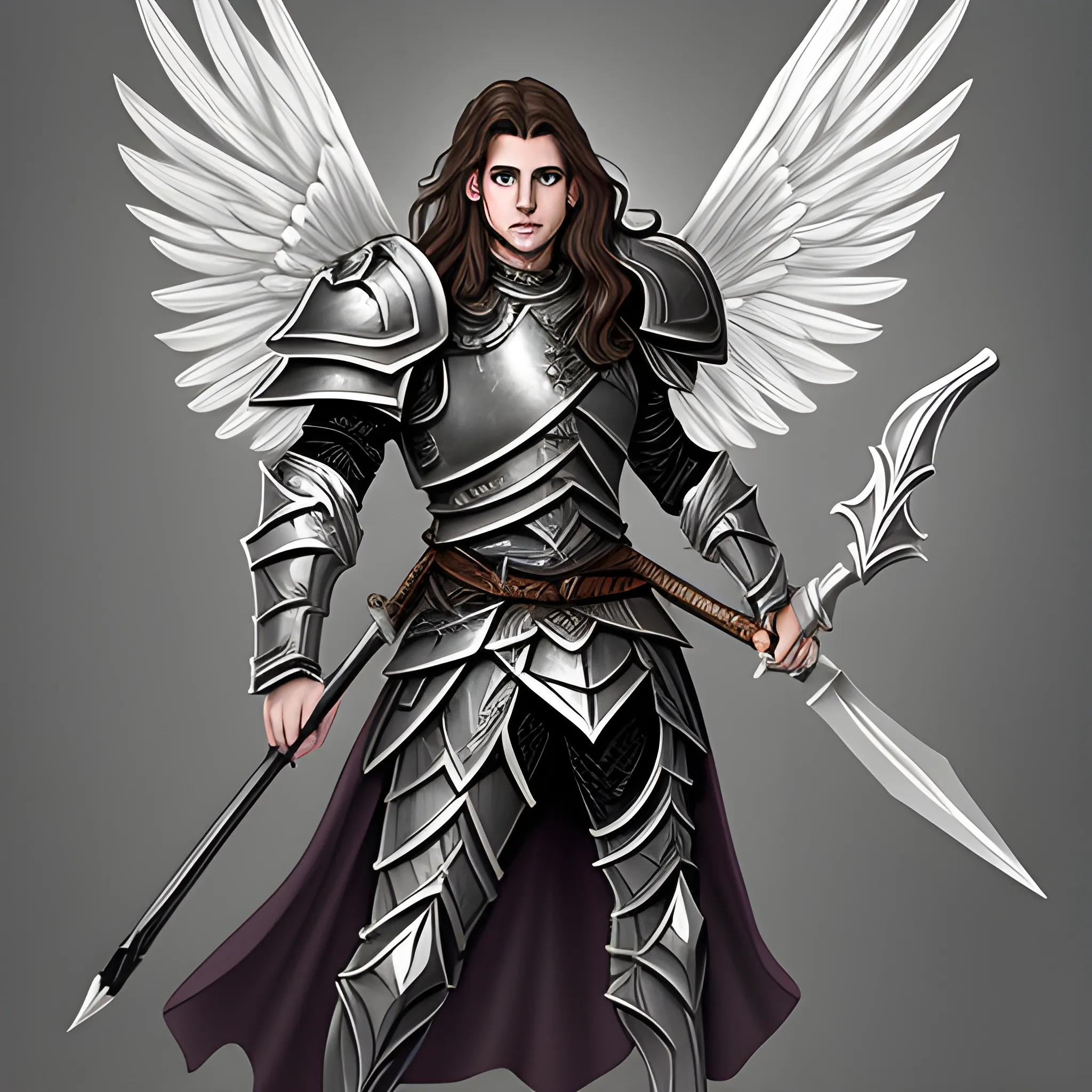 male aasimar from dungeons & dragons with: brown hair, semi-wavy and semi-long hair; very light gray and slightly shiny skin; dark grey eyes; grey wings; heavy armour; carrying spear and shield; grim face, Pencil Sketch, Trippy