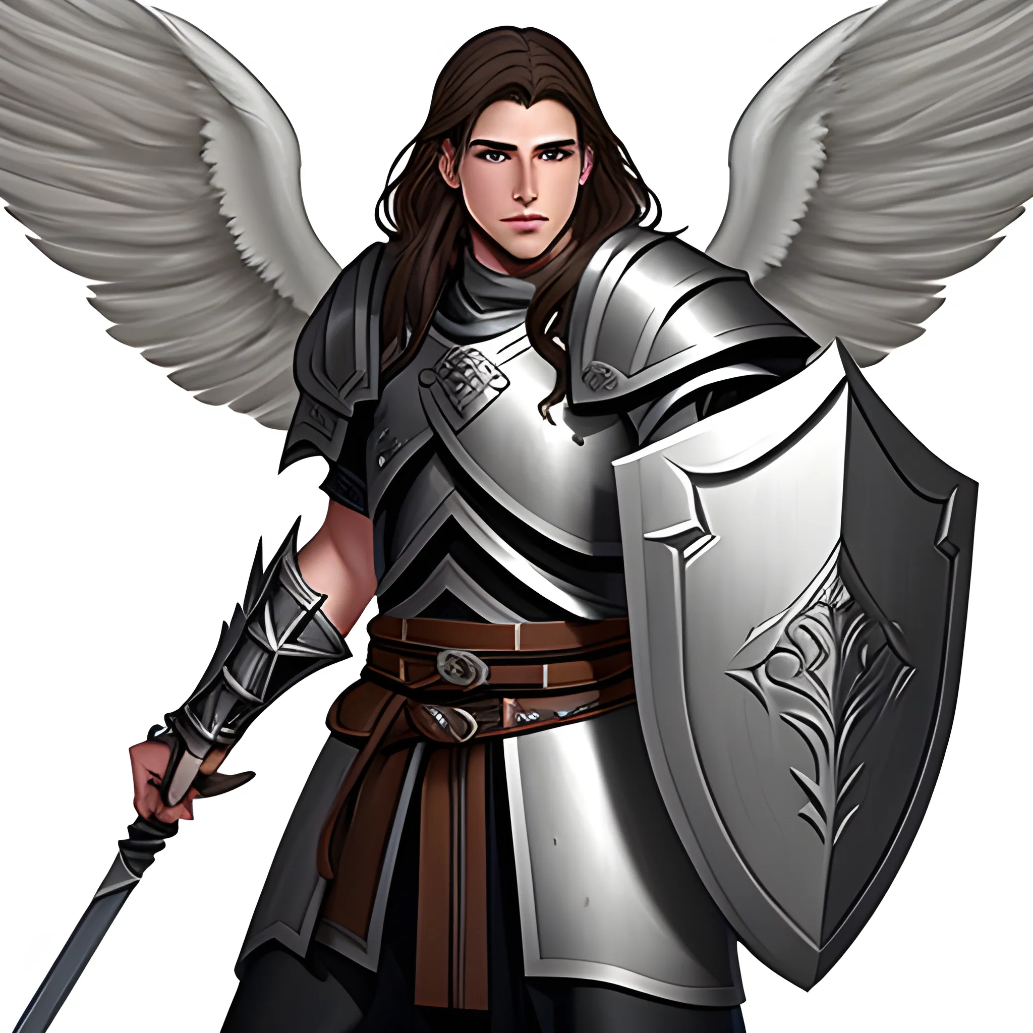male aasimar from dungeons & dragons with: brown hair, semi-wavy and semi-long hair; very light gray skin and slightly shiny skin; dark grey eyes; grey wings; heavy armour; carrying spear and shield; grim face