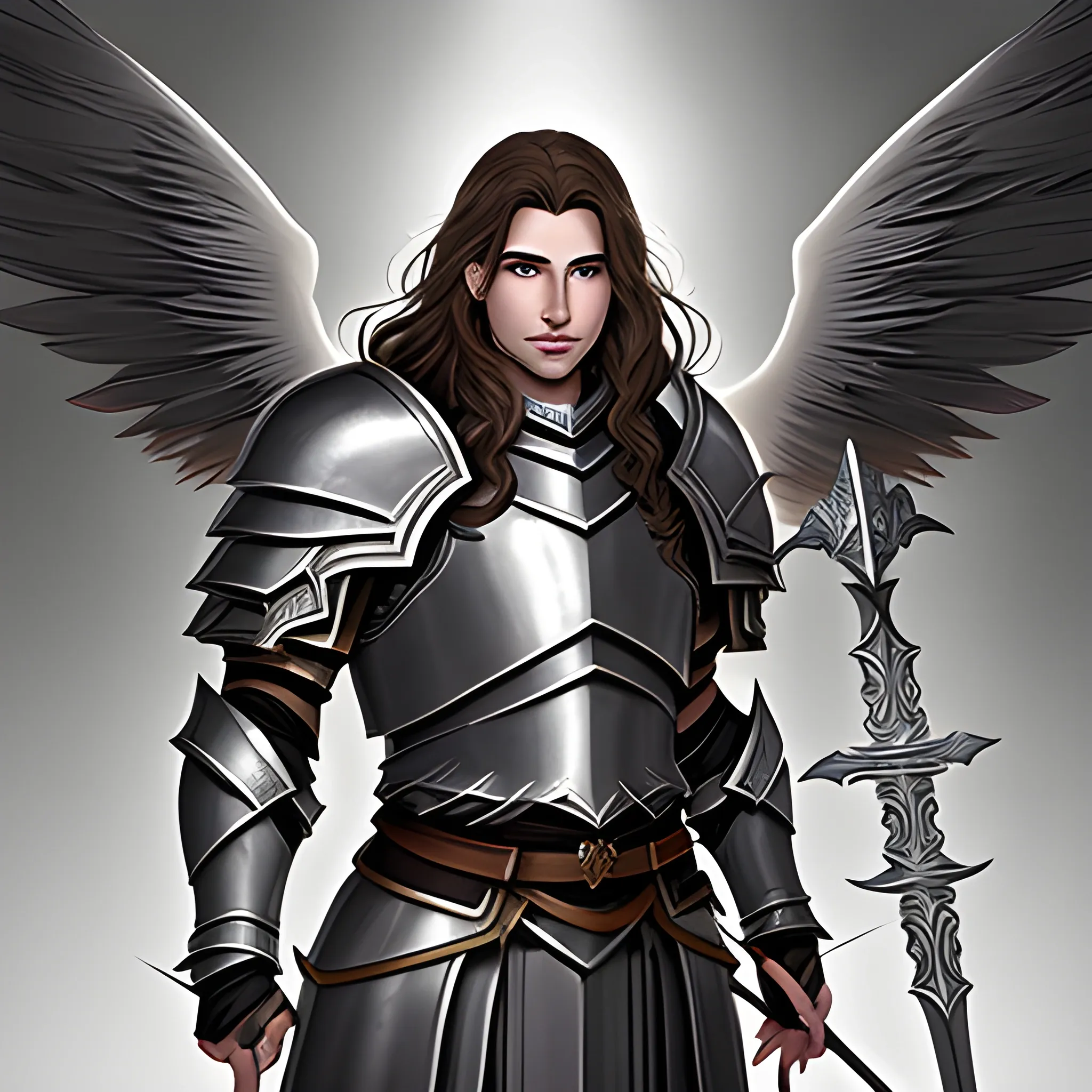 male aasimar from dungeons & dragons with: brown hair, semi-wavy and semi-long hair; very light gray skin and slightly shiny skin; dark grey eyes; grey wings; heavy armour; carrying spear and shield; grim face