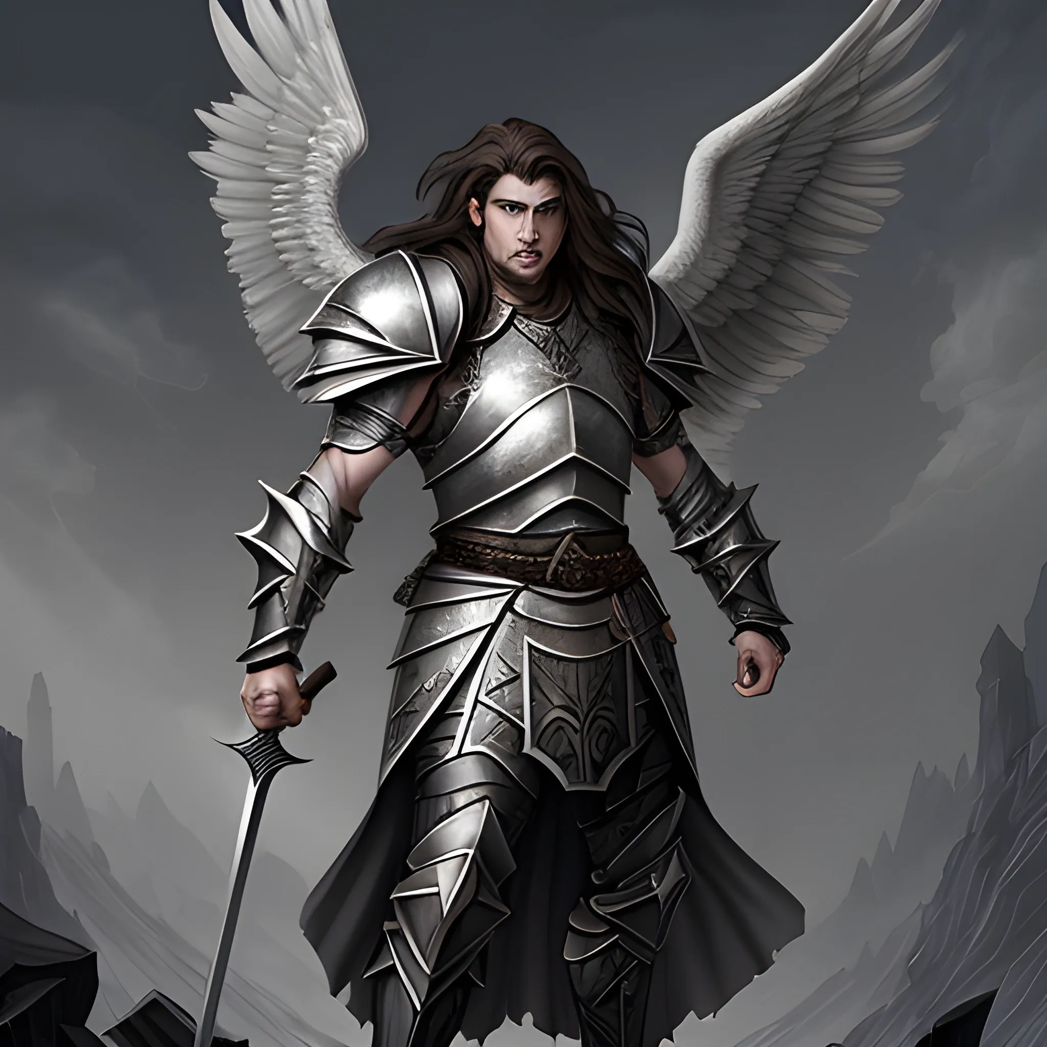 imposing male aasimar from dungeons & dragons with: brown hair, semi-wavy and semi-long hair; very light gray skin and slightly shiny skin; dark grey eyes; grey wings; heavy armour; carrying spear and shield; grim face