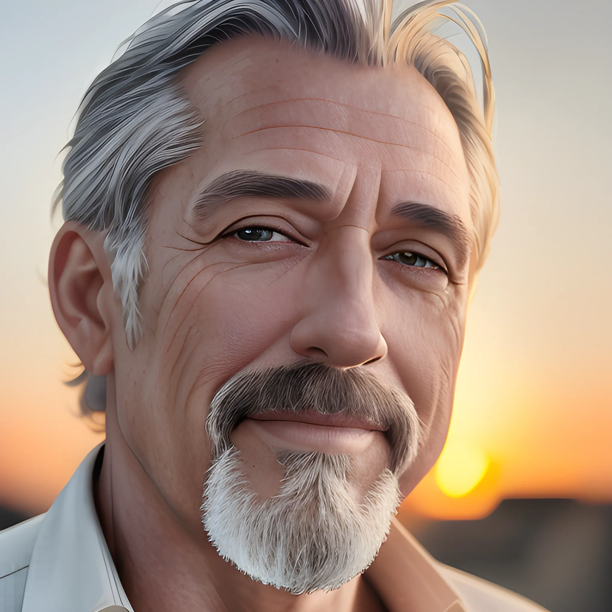 a photorealistic image of a man in his 50s, some gray hair, a goatee, golden hour, looking to the left of the camera, above shoulder