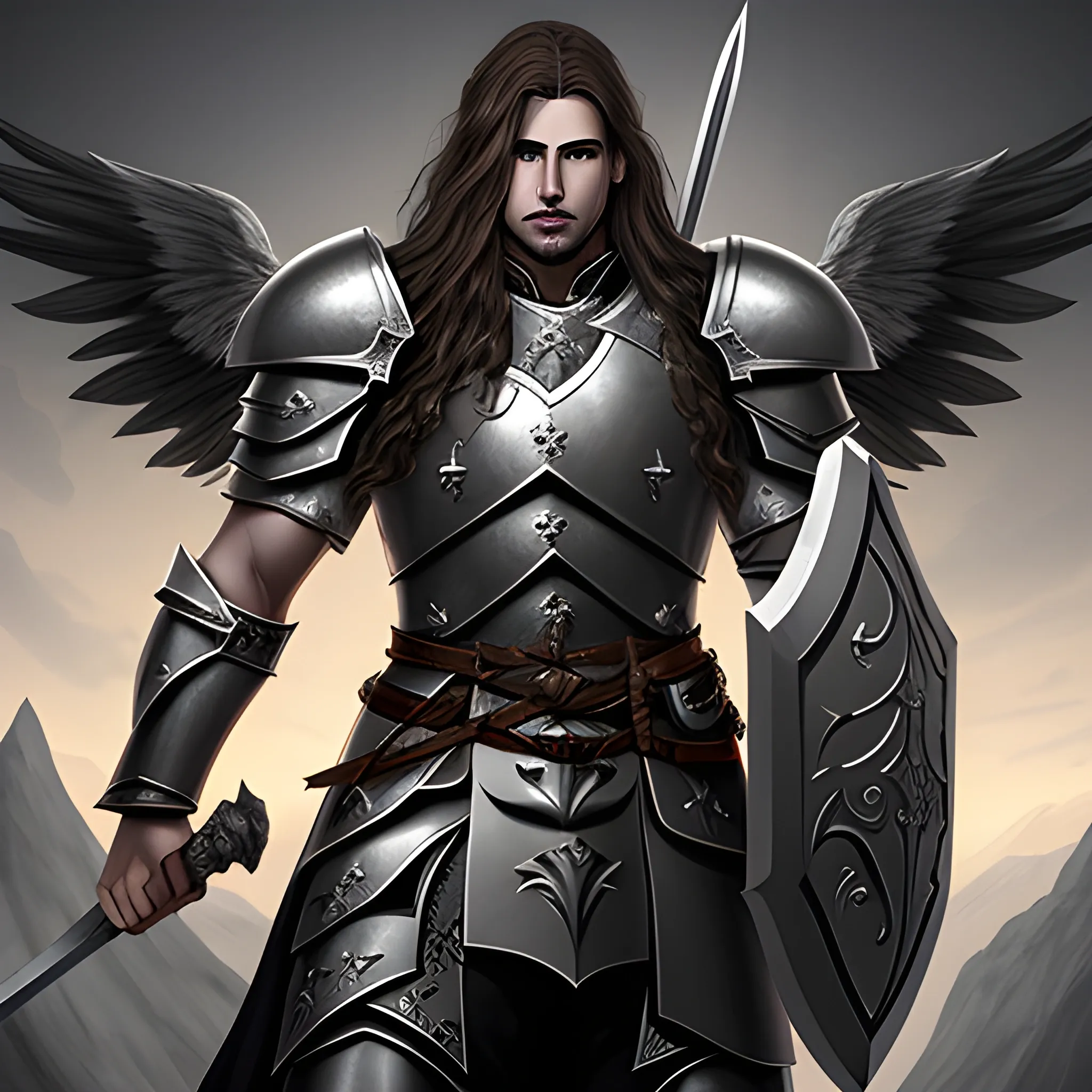 imposing male aasimar from dungeons & dragons with: brown hair, semi-wavy and semi-long hair; very light gray skin and slightly shiny skin; dark grey eyes; grey wings; heavy armour; carrying spear and shield; grim face