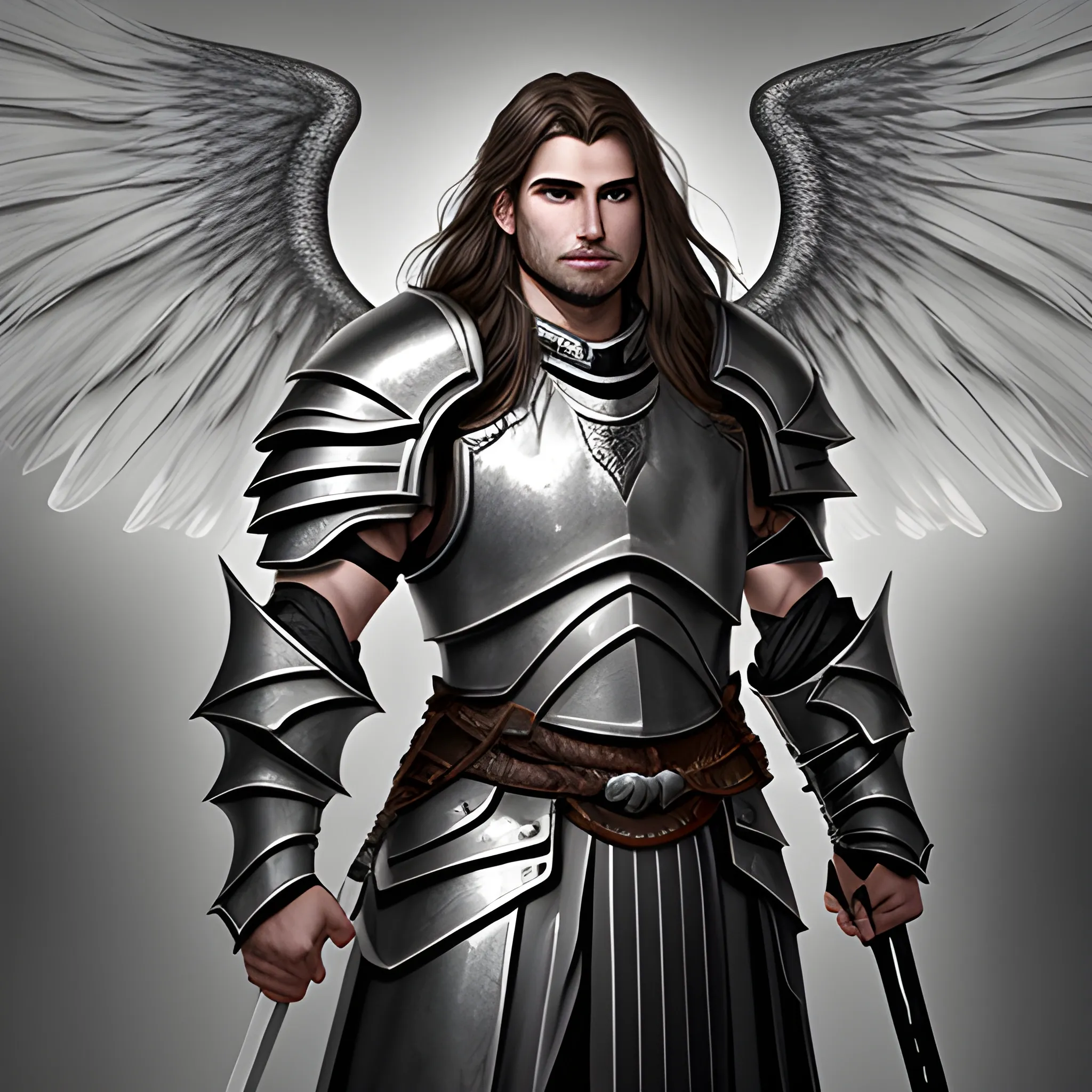 imposing male aasimar from dungeons & dragons with: brown hair, semi-wavy and semi-long hair; very light gray skin and slightly shiny skin; dark grey eyes; grey wings; heavy armour; carrying spear and shield; grim face; scar on the nose