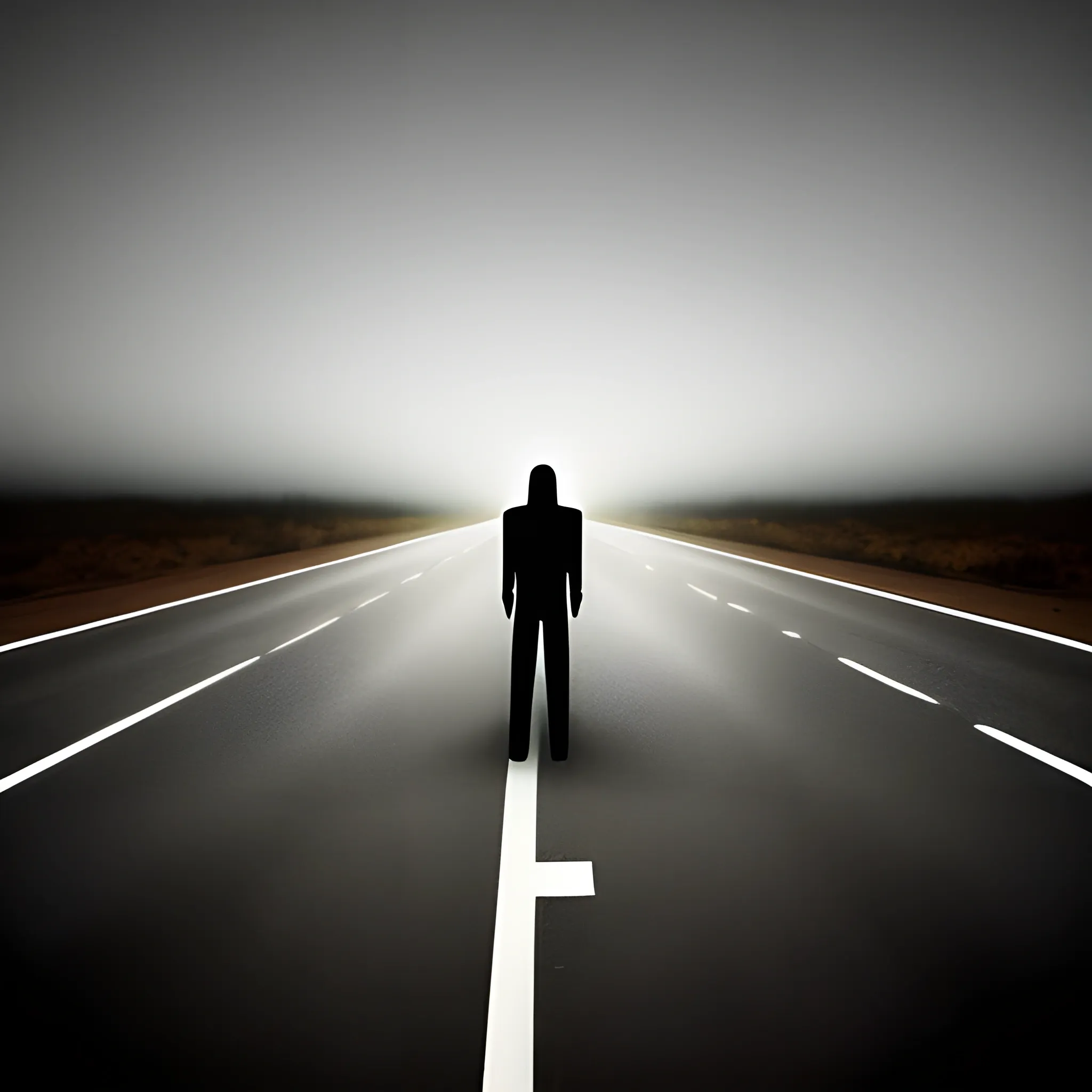 a dark highway with a black figure standing in the middle of the highway , 3D