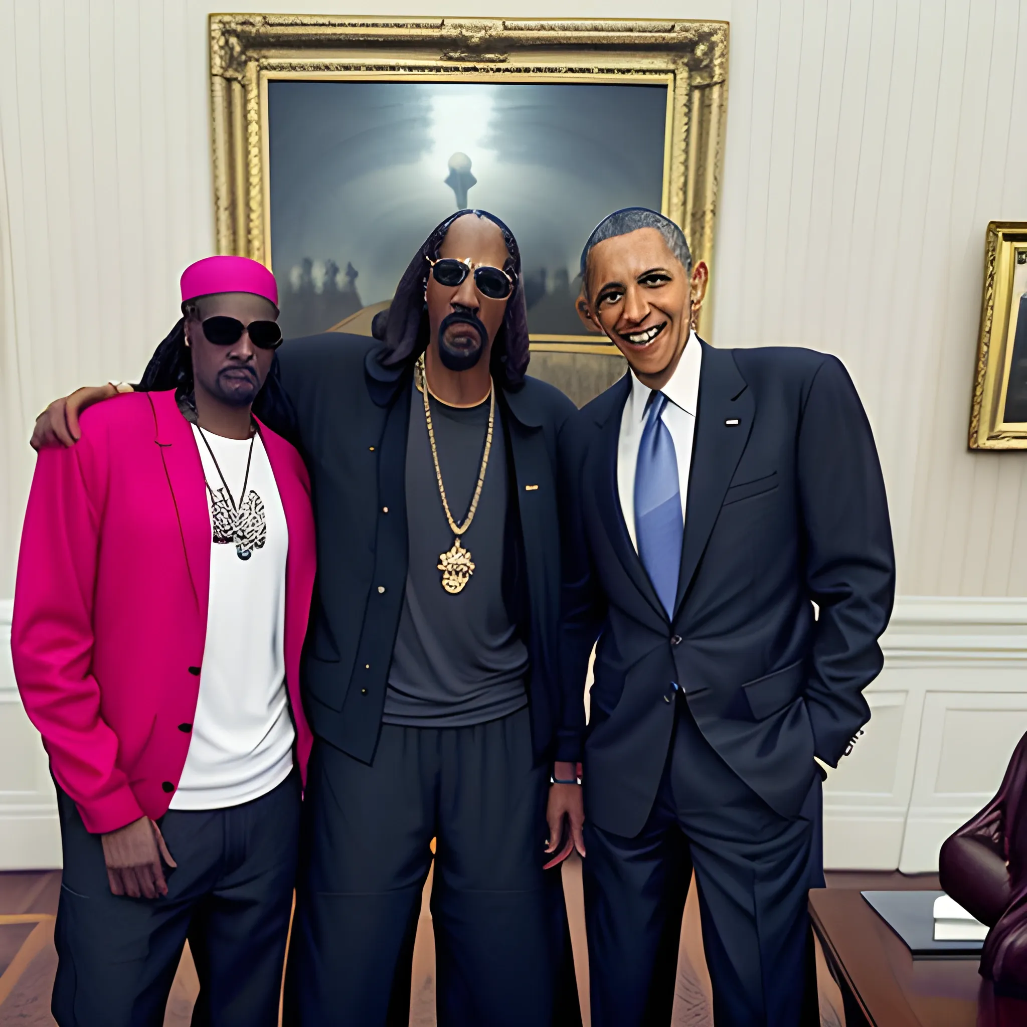 snoop dog hanging out with obama and Shaquille O'Neal
in the white house office and they are all wearing expensive clothing, 3D, realistic, 4k quality