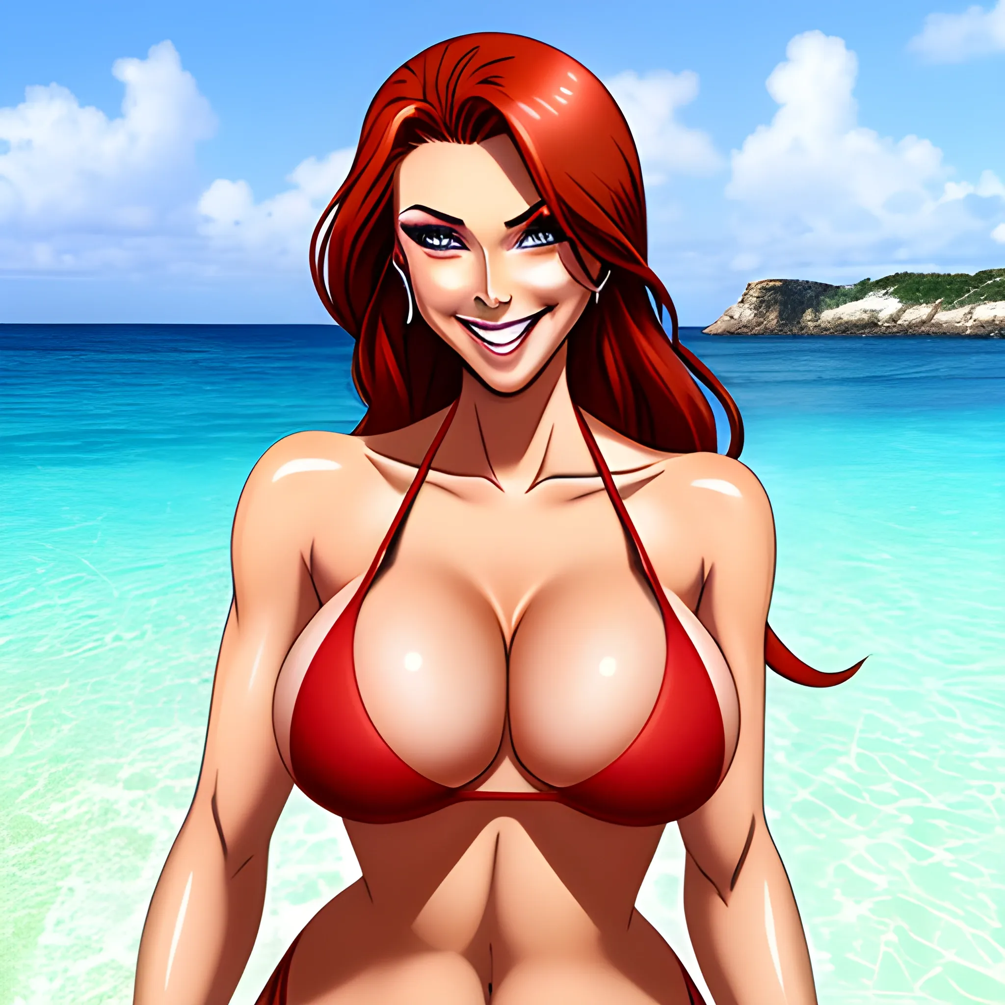 , Cartoon, 1girl, bikini, blush, breasts, brown eyes, cleavage, collarbone, red_hair_between_eyes, big breasts, long hair, look_at_viewer, smile, swimsuit