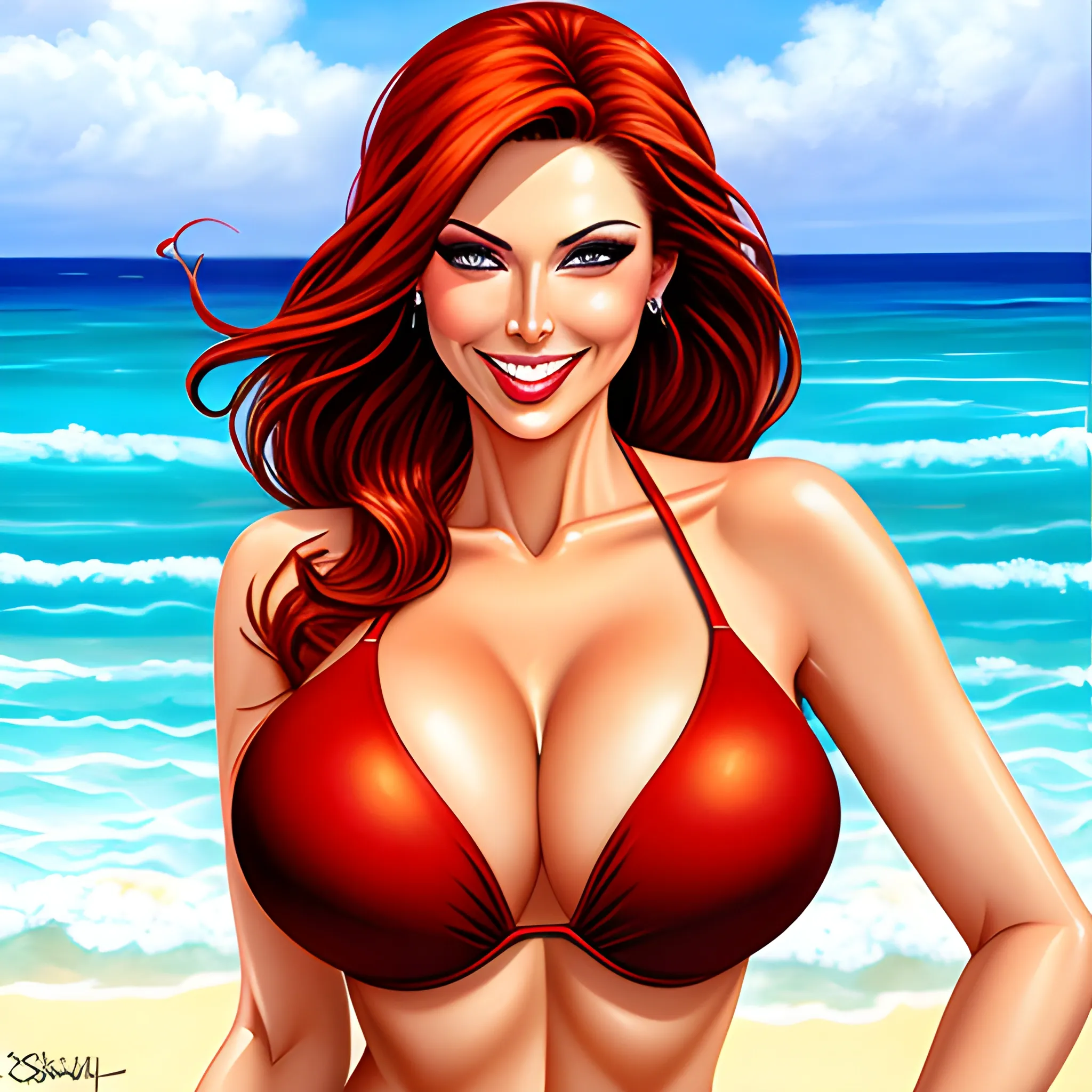 Cartoon 1girl Bikini Blush Breasts Brown Eyes Cleavage Arthubai