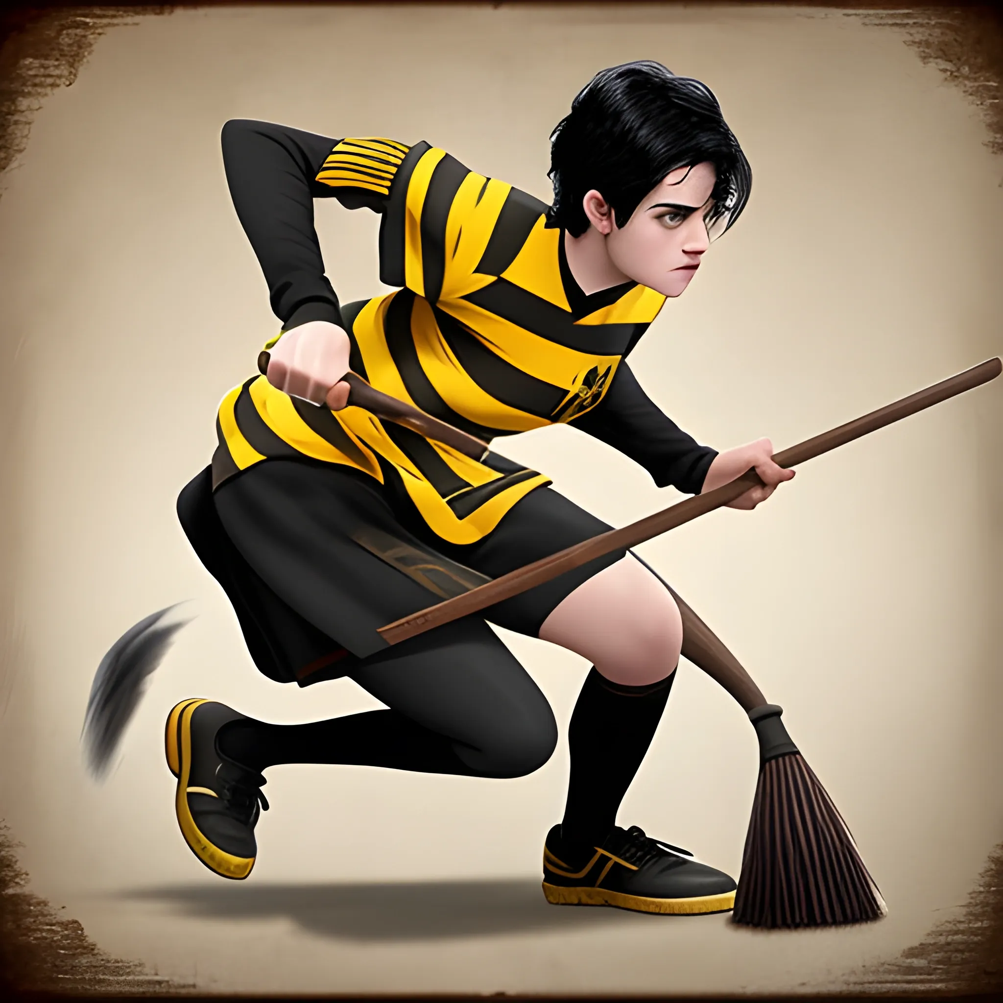 hufflepuff quidditch player riding broom, black hair fade, number 10, realistic