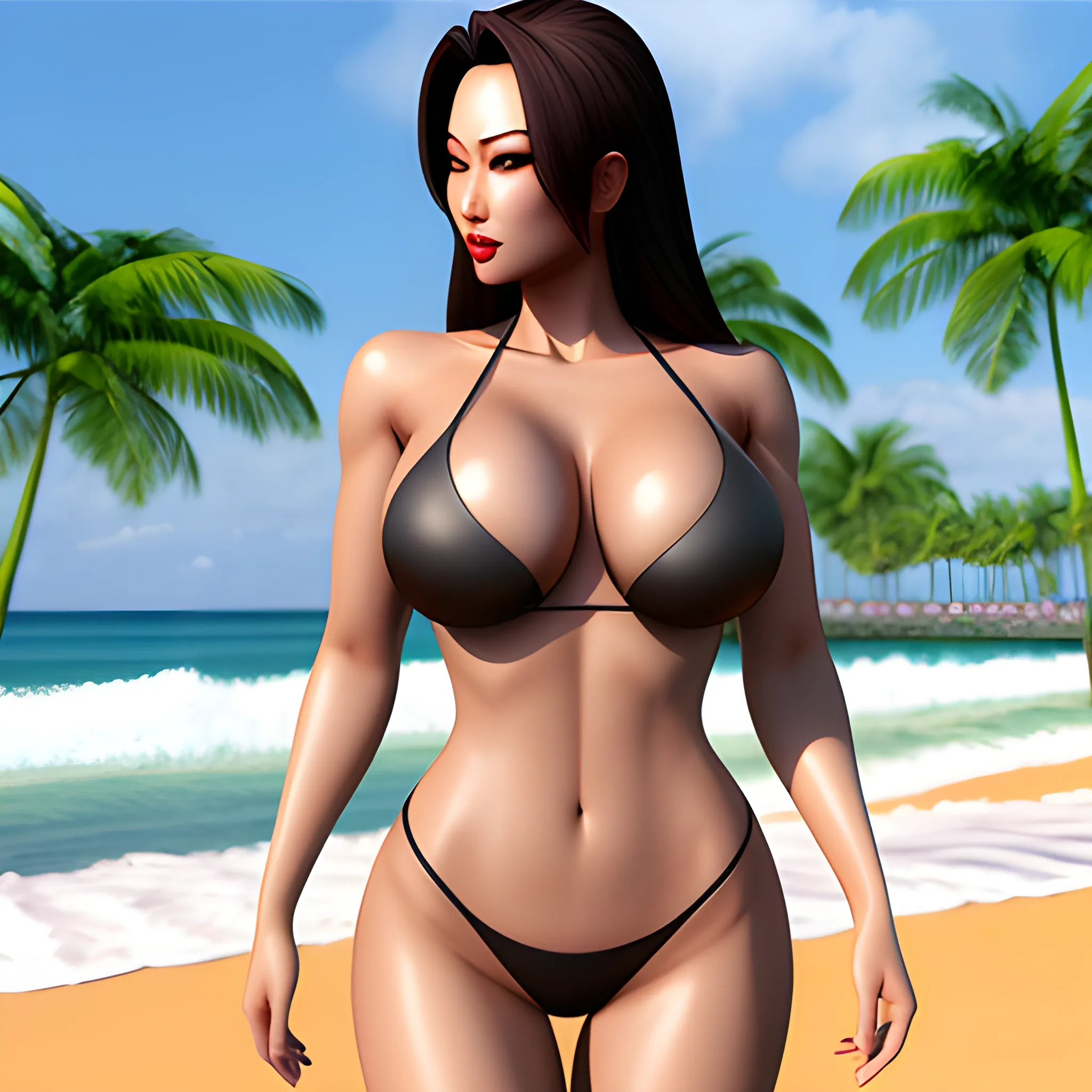 asian girl, sexy, sharp rendering, realistic, ex military, 3D, fullbody, young, hot, more realistic, beach, woman parts