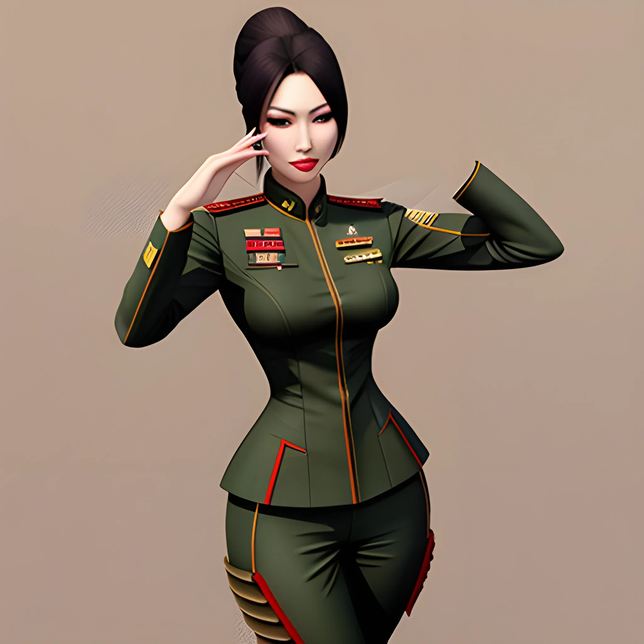asian girl, sexy, sharp rendering, realistic, military, 3D, fullbody, young, hot, more realistic, beach, 
