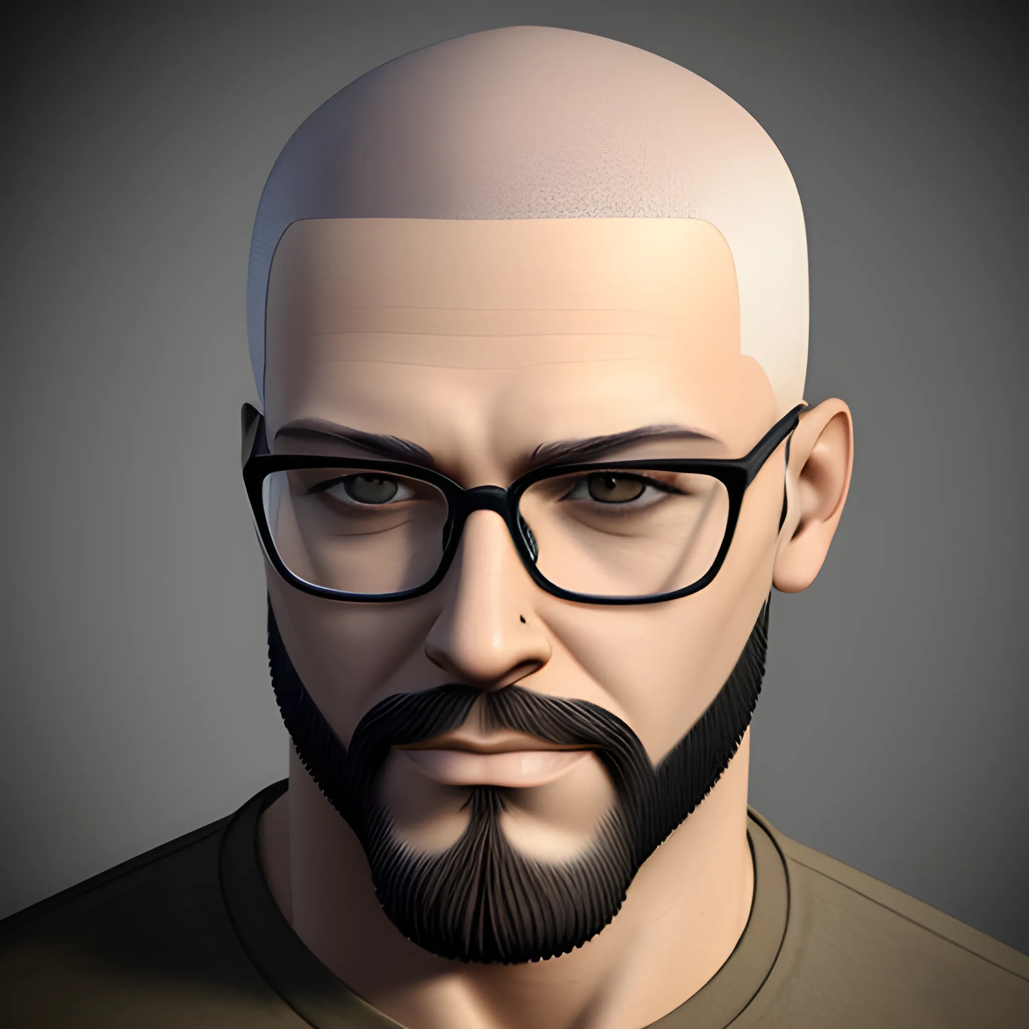 
, 3D  a man with shaved hair, beard and glasses. realistic and urban style
